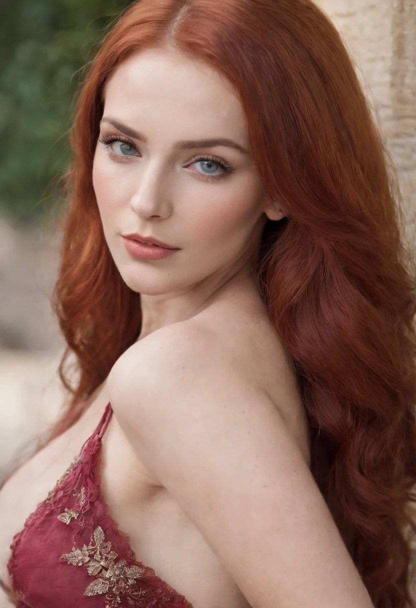 Generate an image of a Russian woman with distinctive features. She should have long, vibrant red hair that cascades down her back. Her skin should be pale, almost porcelain-like, contrasting beautifully with her fiery hair. Her eyes should be a striking shade of blue, clear and bright. She should have a voluptuous figure, with large breasts and big, round buttocks. This combination of features should create an image of a stunning, alluring Russian woman, naked, pink vagina with no hair