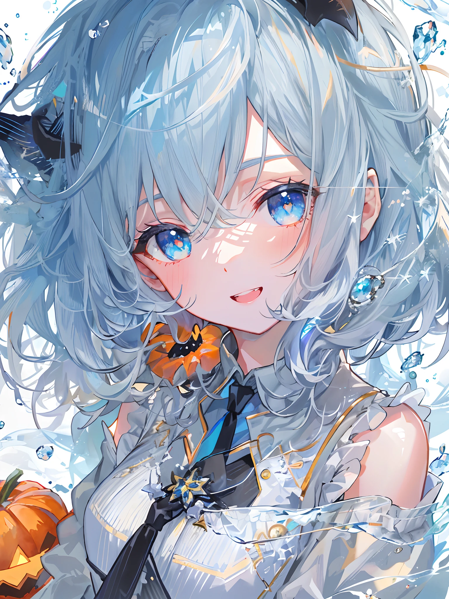 ((top-quality)), ((​masterpiece)), ((ultra-detailliert)), (Extremely delicate and beautiful), girl with, 独奏, cold attitude,((Black jacket)),She is very(relax)with  the(Settled down)Looks,A dark-haired, depth of fields,Evil smile,Bubble, under the water, Air bubble,bright light blue eyes,inner color with bright gray hair and light blue tips,,,,,,,,,,,,,,,,,,,Cold background,Bob Hair - Linear Art, shortpants、knee high socks、White uniform like school uniform、Light blue ribbon ties、Clothes are sheer、Hands in pockets、Bright eyes like sapphire,Fronllesse Blue, A small blue light was floating、Upper Eyes、glass shards、Snowflake Hair Ornament, Halloween, Orange pumpkin、Jack-o'-lantern、Orange and light blue odd eye, Vampire costume、canine teeth、