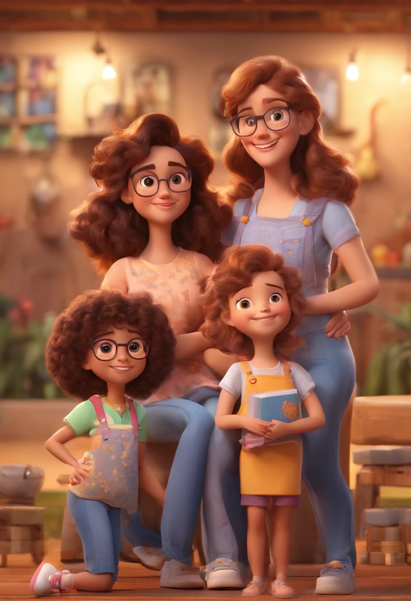 Estilo Pixar: Familia, one dad brunette wth beard, A mother and two girls. Uma menina de 6 anos e outro de 3 anos . Uma fazenda com vacas lindas e marrom .
