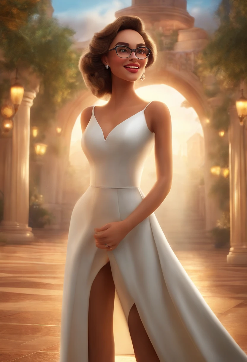 "(best quality,ultra-detalhado,Realistic:1.37),3D rendering,illustration,design de personagens,cabelos curtos e cacheados escuros,belos olhos detalhados,wearing white glasses,Estilo Pixar,morena mulher,Dancing on the Disney stage,atmosfera animada,vivid colors,luzes de palco,expression joyful"