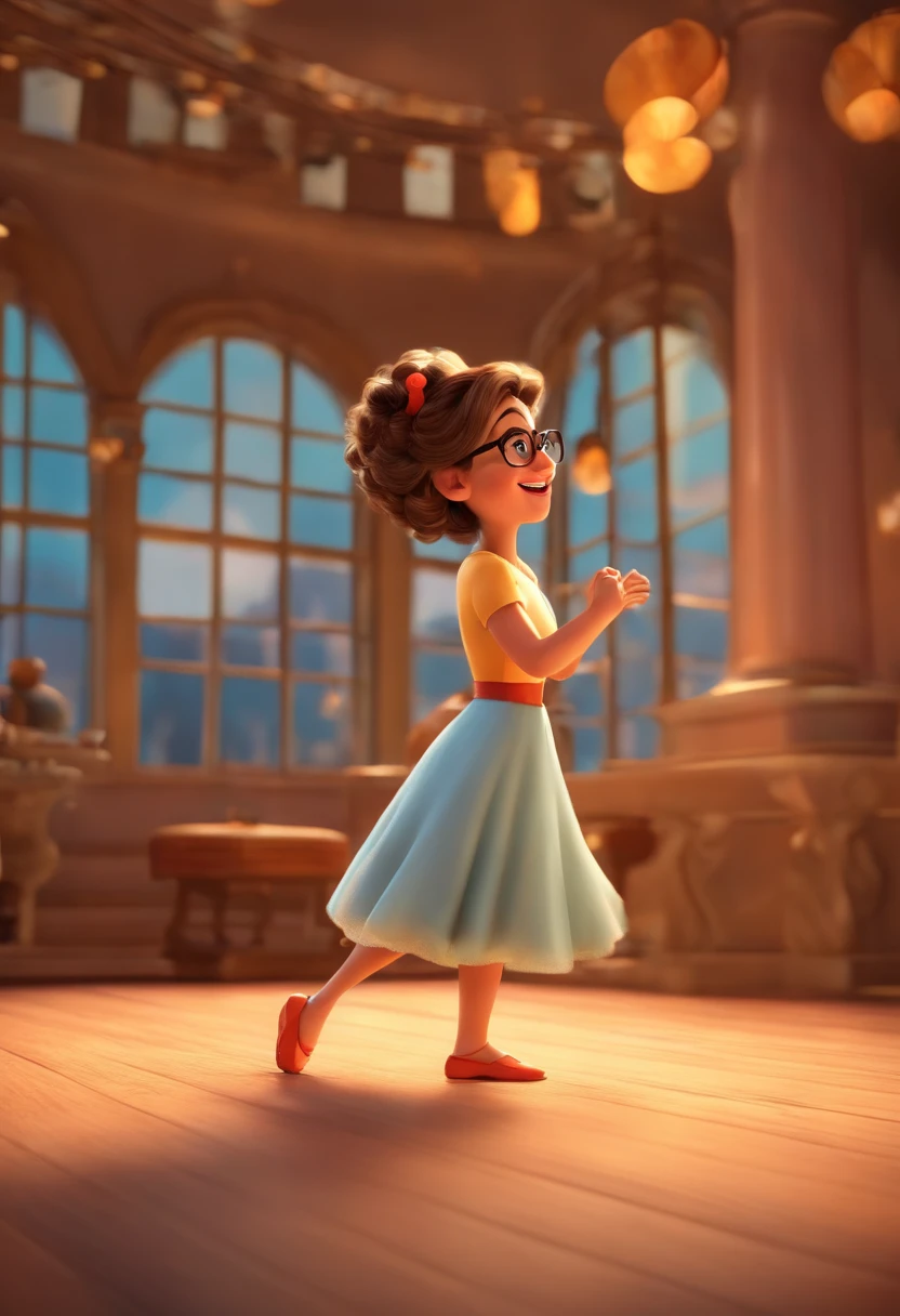 "(best quality,ultra-detalhado,Realistic:1.37),3D rendering,illustration,design de personagens,cabelos curtos e cacheados escuros,belos olhos detalhados,wearing white glasses,Estilo Pixar,morena mulher,Dancing on the Disney stage,atmosfera animada,vivid colors,luzes de palco,expression joyful"