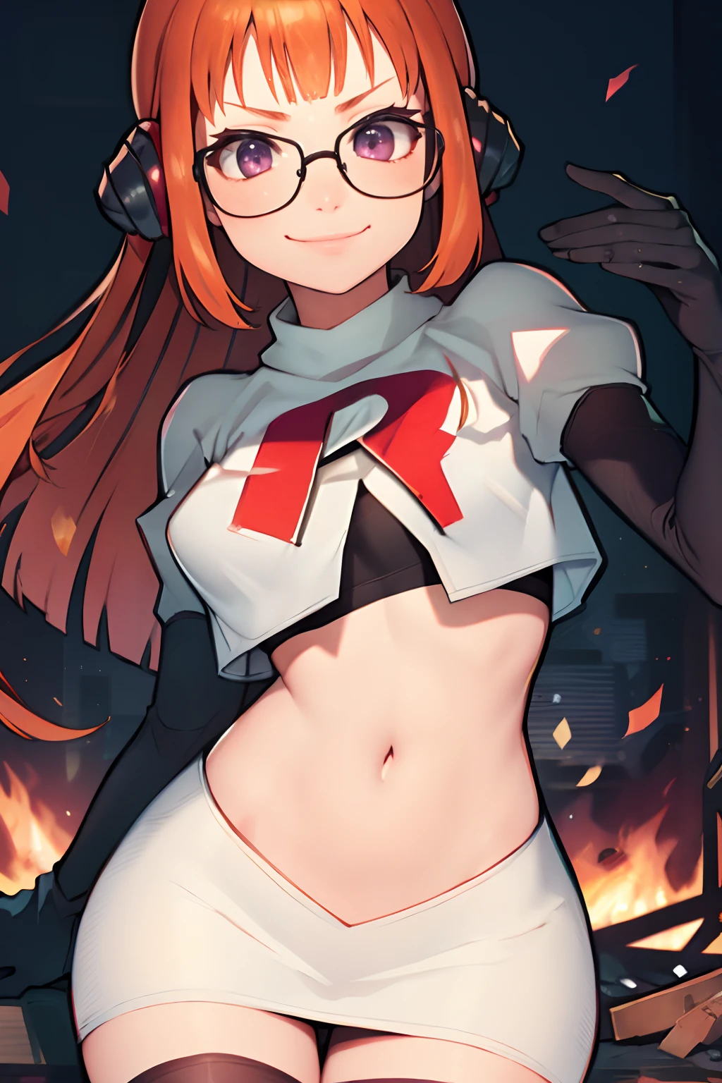 futaba sakura, orange hair, long hair, (purple eyes:1.1),glasses, ahoge,team rocket, team rocket uniform, red letter R, white skirt, white crop top, black thigh-highs, black elbow gloves looking at viewer, evil smile