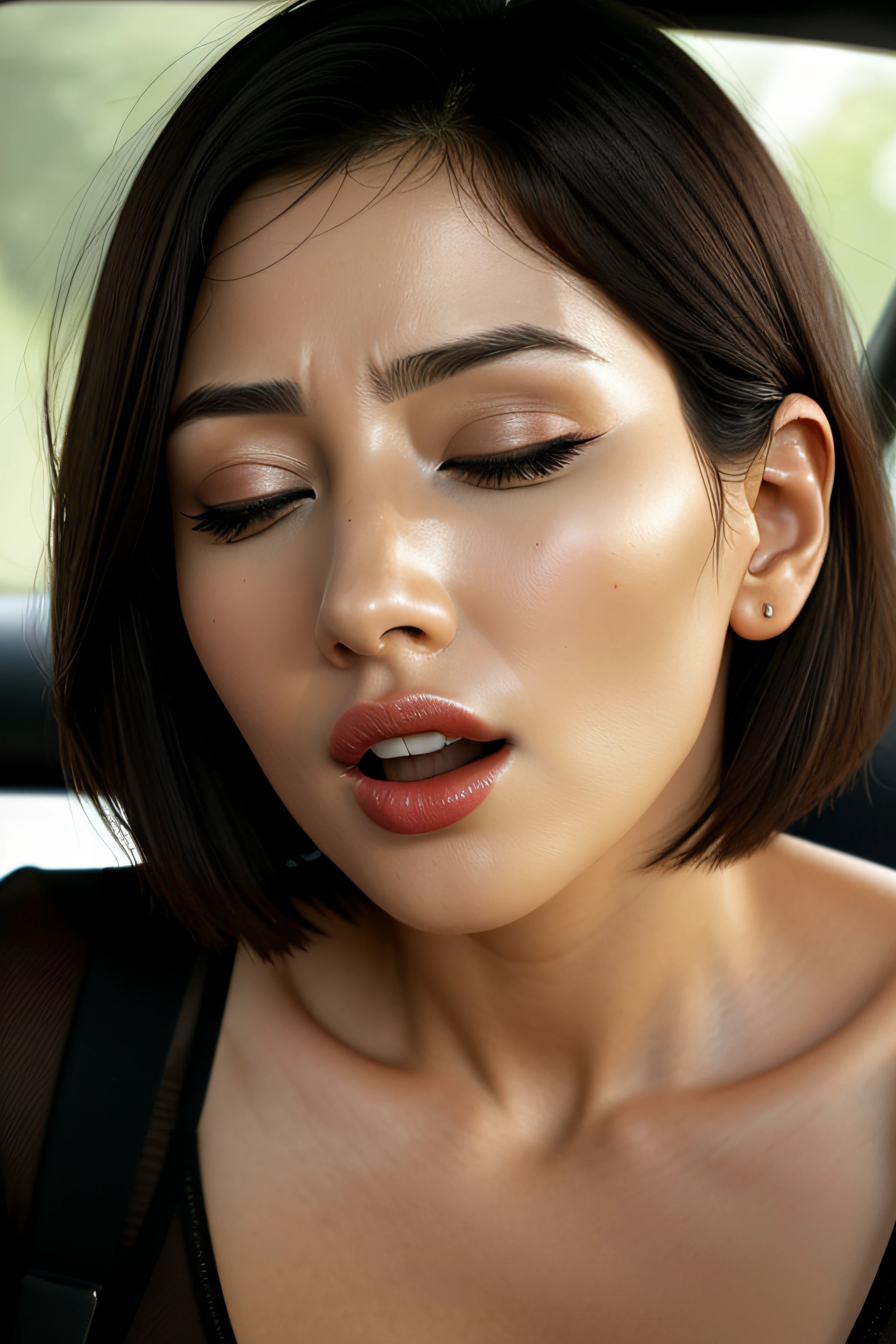 masutepiece,,award - winning photo, Extremely detailed, edgOrgasm,Face Focus, (Woman with mouth open and eyes closed ), 18year old、A dark-haired、CNN News Anchor、Glossy skin、inside of a car、Close-up of face,frombelow、Realistic nostrils、NSFW,short cut hair、