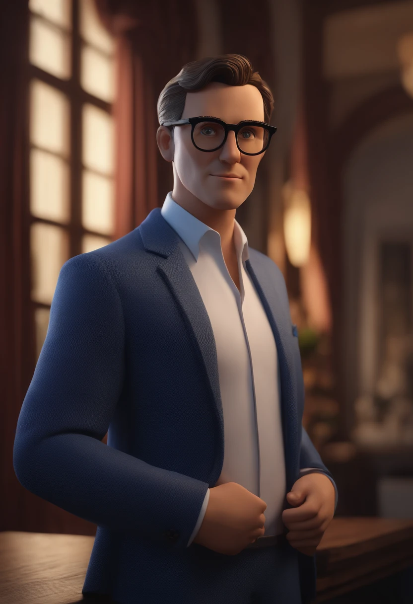 Cartoon character of a man with black glasses and a blue suit with white shirt, in the background two paintings of Van Gogh's Starry Sky, animation character, Caractere estilizado, animation style rendering, 3D estilizado, Arnold Maya render, 3 d render stylized, toon render keyshot, Personagem 3D, Personagem 3D, 3d rendering stylized, 3 d character render, personagem de desenho animado, Personagem de close up, Pose de personagem, (Estilo Pixar) (master part:1.2) (Bokeh) (best quality) (pele detalhada) (textura detalhada) (8k) (argila) (Cinematic lighting) (foco nítido