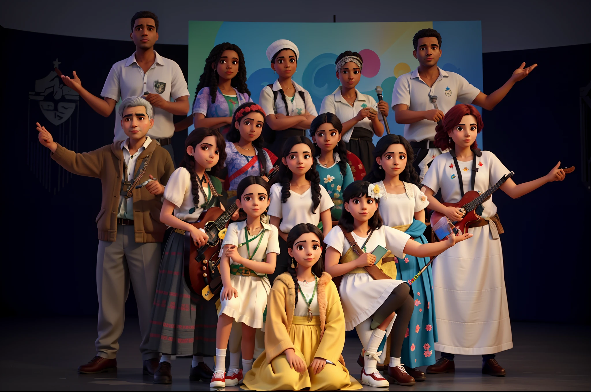 Grupo artistico em palco de fundo escuro