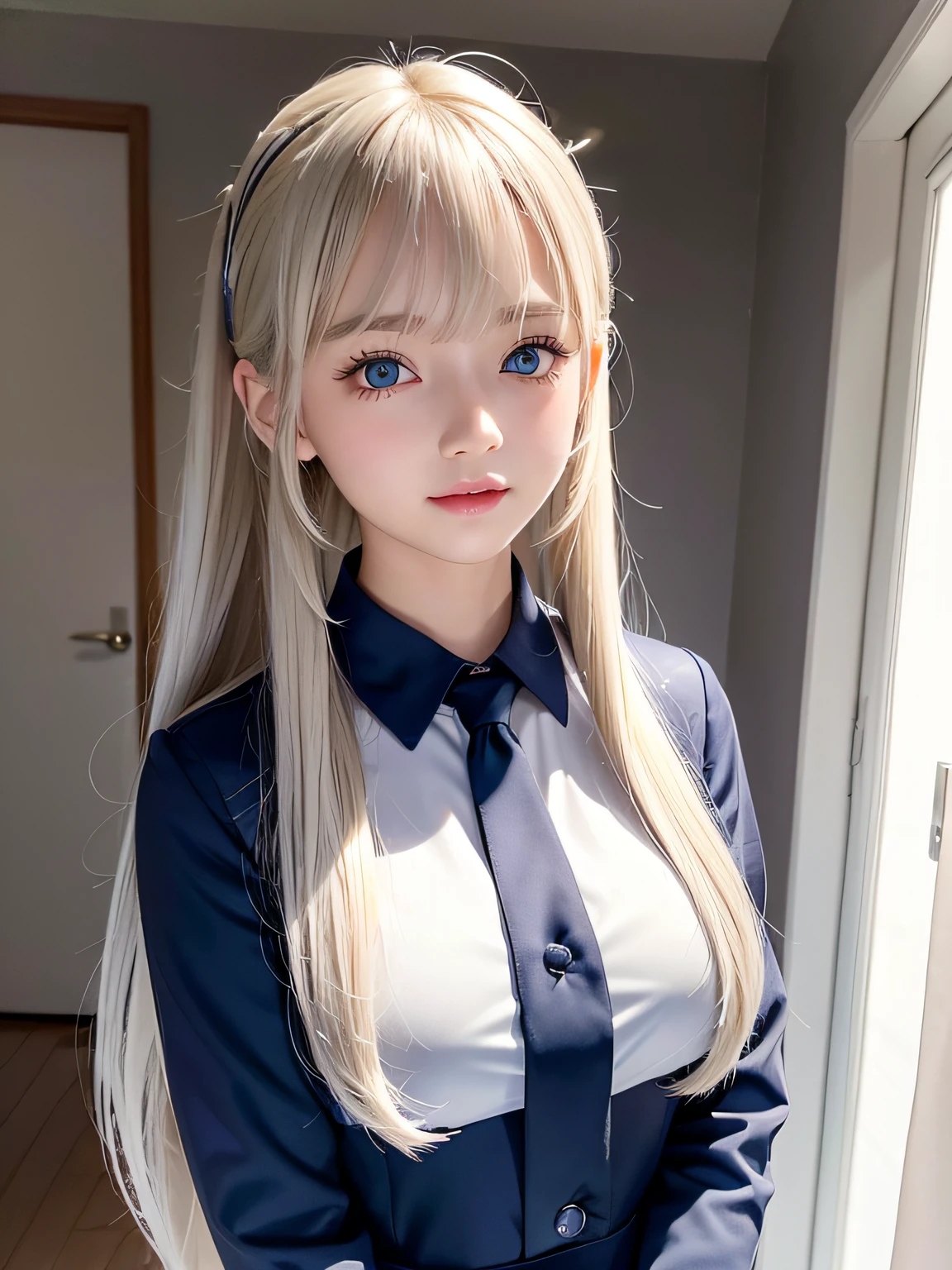 portlate、School Uniforms、bright expression、poneyTail、Young shiny shiny white shiny skin、Best Looks、Reflected light of silver hair、Blonde hair with dazzling highlights、shiny light hair,、Super long silky straight hair、Beautiful bangs that shine、Glowing crystal clear attractive big blue eyes、Very beautiful nice cute 16 year old girl、Lush bust