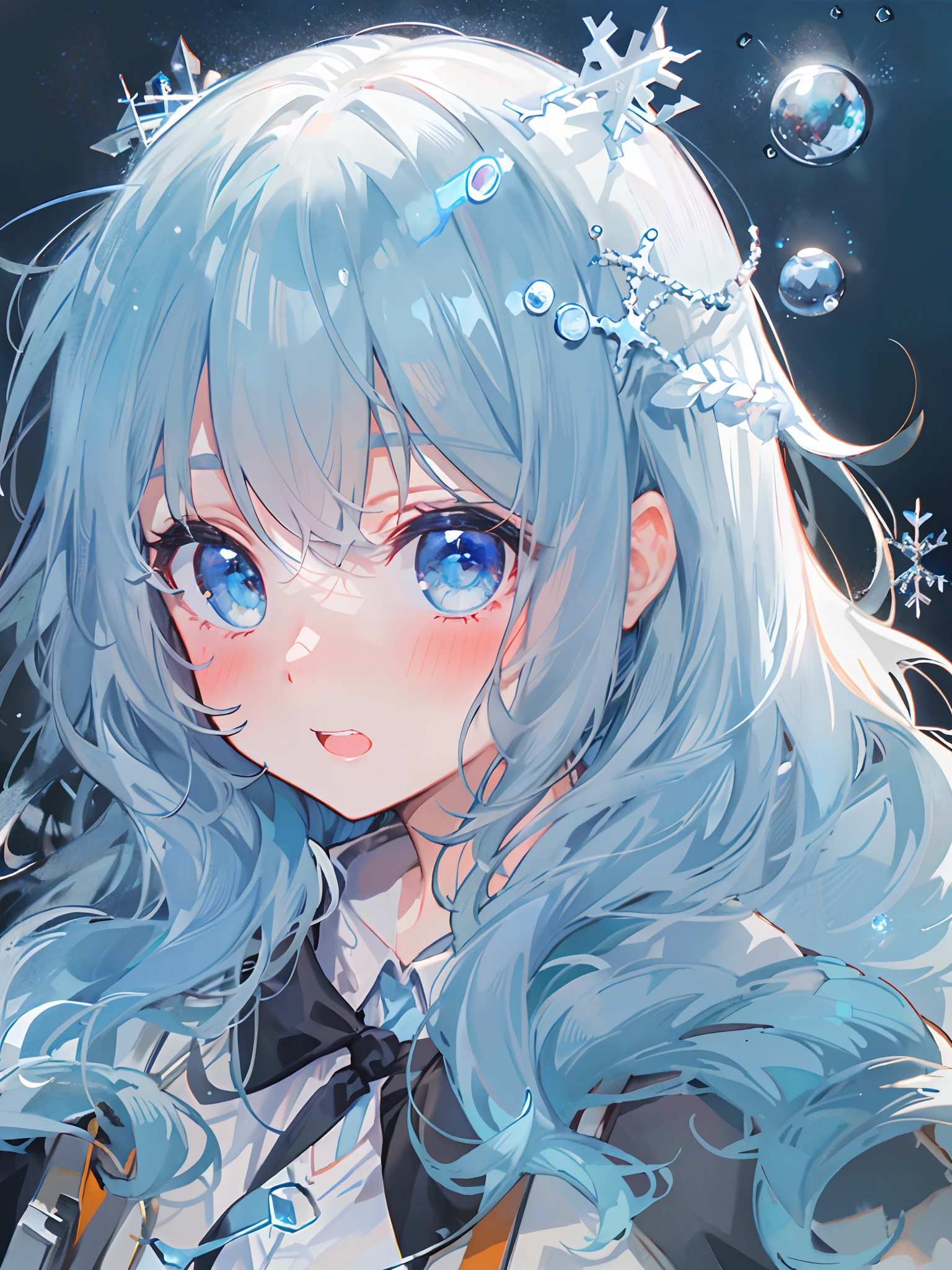 ((top-quality)), ((masterpiece)), ((ultra-detailliert)), (Extremely delicate and beautiful), girl with, 独奏, cold attitude,((Black jacket)),She is very(relax)with the(Settled down)Looks,A dark-haired, depth of fields,Evil smile,Bubble, under the water, Air bubble,bright light blue eyes,inner color with bright gray hair and light blue tips,,,,,,,,,,,,,,,,,,,,Cold background,Bob Hair - Linear Art, shortpants、knee high socks、White uniform like school uniform、Light blue ribbon ties、Clothes are sheer、Hands in pockets、Bright eyes like sapphire,Fronllesse Blue, A small blue light was floating、Upper Eyes、glass shards、Snowflake Hair Ornament, Halloween, Orange pumpkin、Jack-o'-lantern、Orange and light blue odd eye, Vampire costume、canine teeth、
