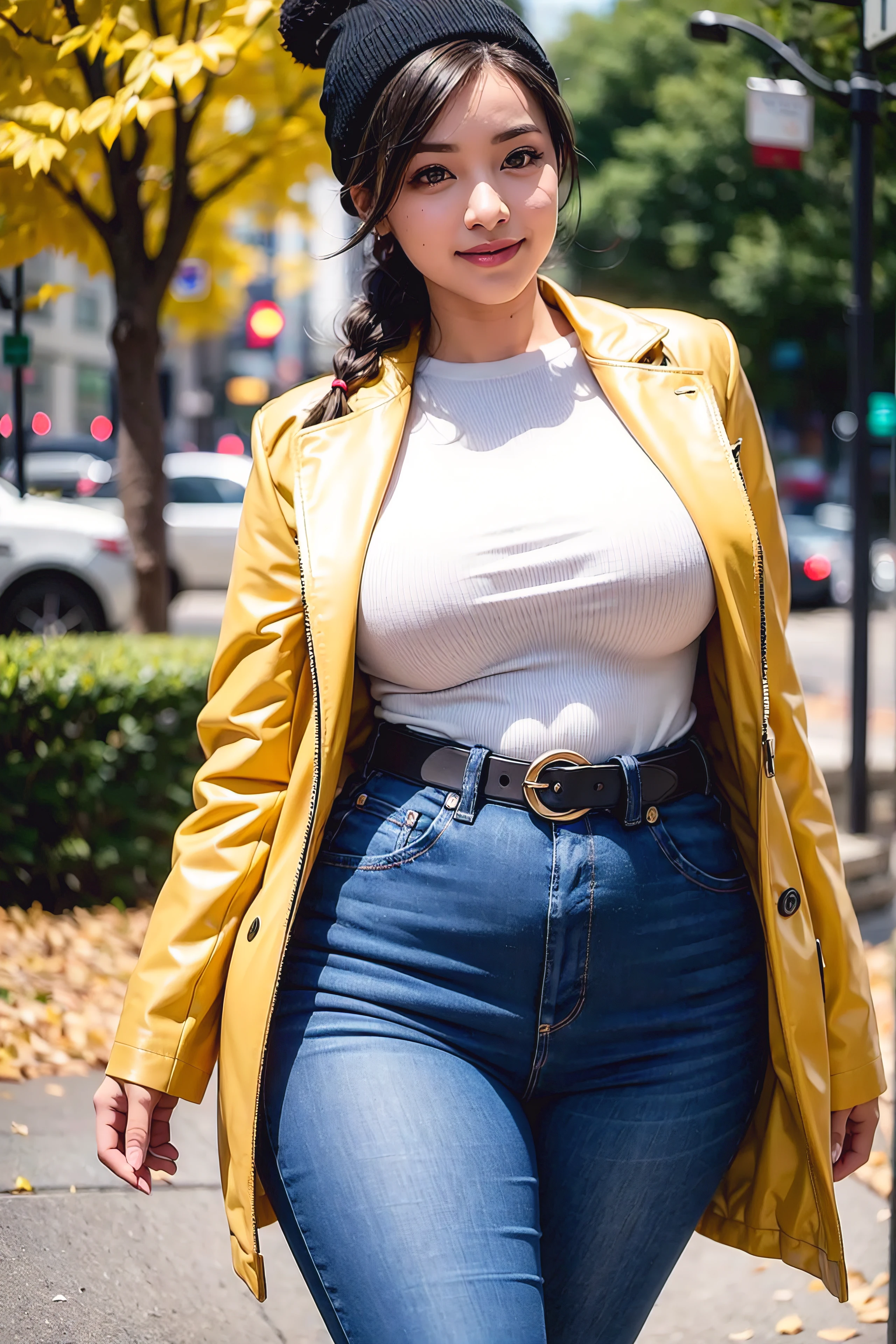 Beautiful sensual woman with a curvy body, black hair, bangs, french braid, widest waist, thicc, beautiful fitting breasts, curvy accentuated booty, olive-green eyes, long eyelashes, light smile, thick thighs, Strong calves, taniaayusiregar, She wears a yellow Coat, jeans, belt, black beanie, she waits in a park, photorealistic, Masterpiece, bokeh, Volumetric lighting, Fall season atmosphere, close up shot