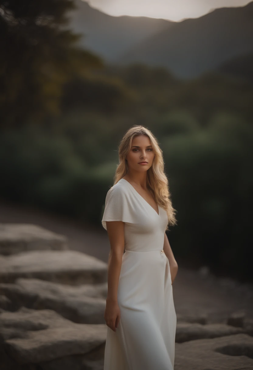 Realistic photo of a beautiful woman with a round face and high cheekbones, she has a cute button nose and small jaw, with large beautiful pale eyes, she has dark brows and white blonde hair, she has a compact strong body with beautiful legs, (masterpiece), (photorealistic:1.4), RAW photo, best quality, high res, rich colors, backlight, bright sunlight, cinematic lighting, film grain, raw photo, 50mm lens, Nikon D850, warm colors, age 21 blonde pretty, sexy, young, standing of Machu picchu