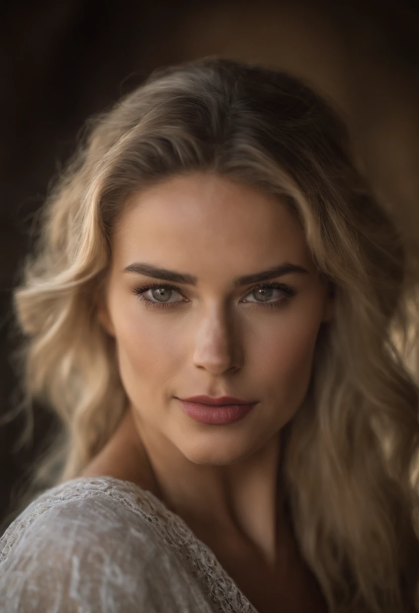 Realistic photo of a beautiful woman with a round face and high cheekbones, she has a cute button nose and small jaw, with large beautiful pale eyes, she has dark brows and white blonde hair, she has a compact strong body with beautiful legs, (masterpiece), (photorealistic:1.4), RAW photo, best quality, high res, rich colors, backlight, bright sunlight, cinematic lighting, film grain, raw photo, 50mm lens, Nikon D850, warm colors, age 21 blonde pretty, sexy, young, standing of Machu picchu