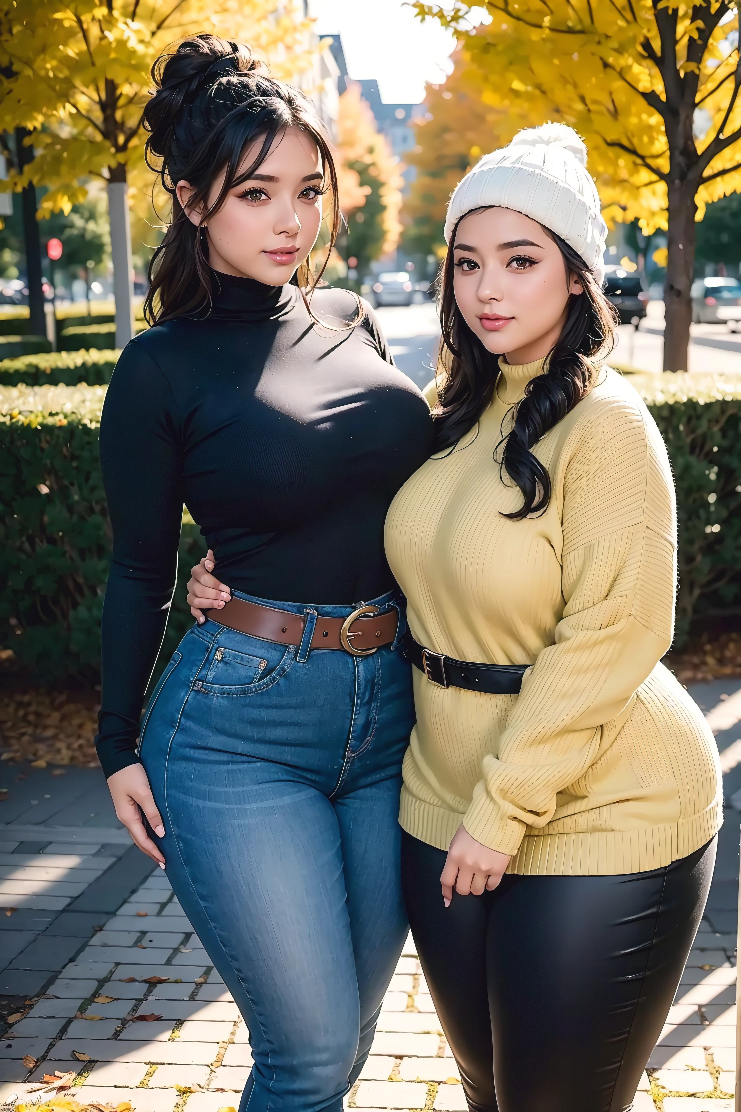 2girls, Beautiful sensual women with curvy body, black hair, bangs, french braid, widest waist, thicc, beautiful fitting breasts, curvy accentuated booty, olive-green eyes, long eyelashes, light smile, thick thighs, Strong calves, taniaayusiregar, they wear a yellow and black pullover, white jeans, belt, black beanie, they walk together through a park, photorealistic, Masterpiece, bokeh, Volumetric lighting, Fall season atmosphere, close up shot