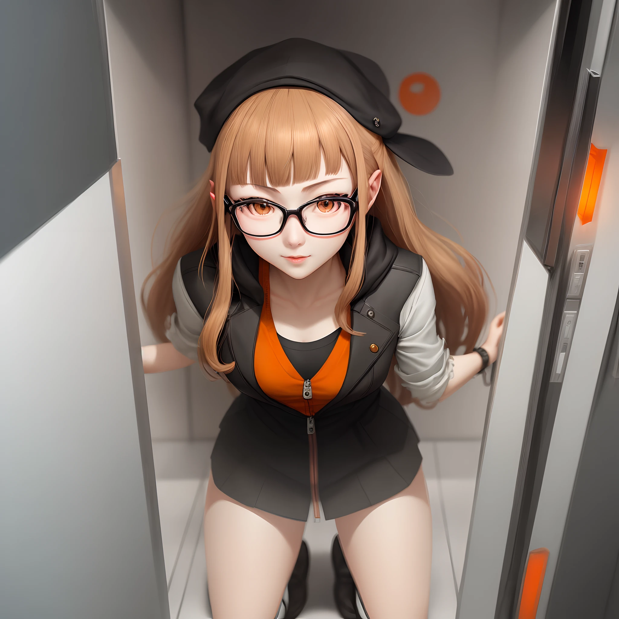 Futaba from Persona 5 in an elevator with orange lighting in a birdseye view