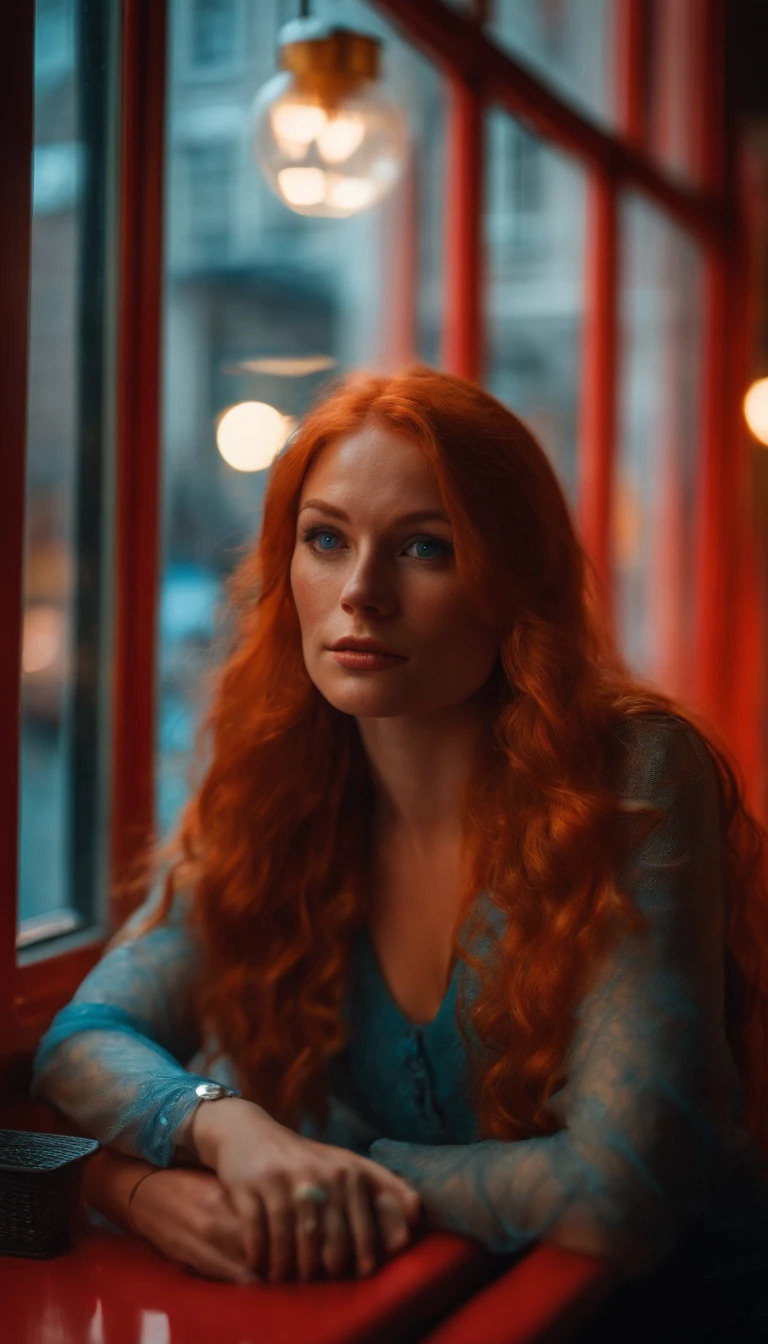 Hyper  movie real stimea Dutch prostitute with long red hair, light blue eyes, freckles on her face, dressed in orange lingerie and sitting in a red light shop window in Amsterdam