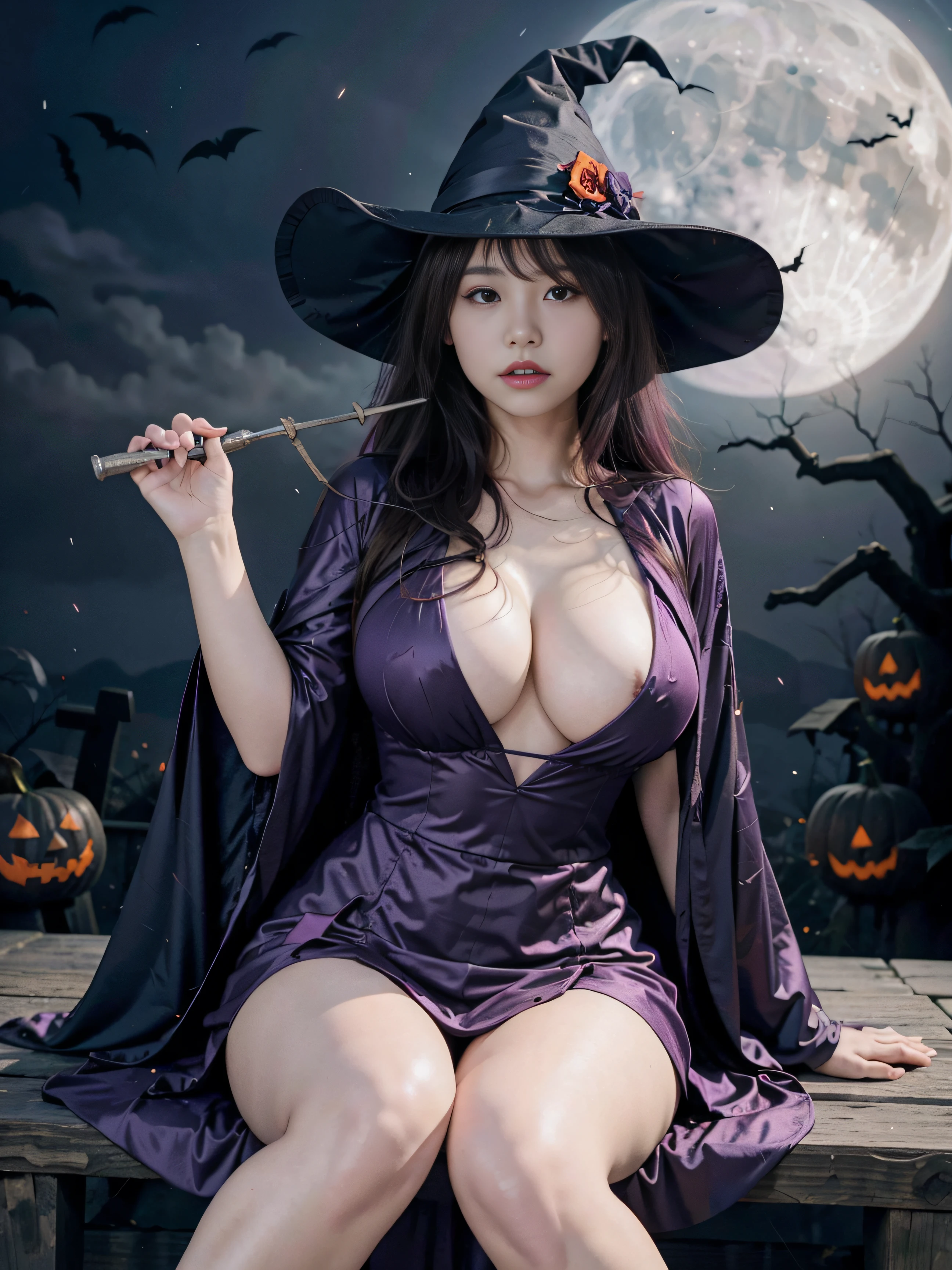 1girl in, A Japanese Lady, 15yo student, purple color  hair, Colossal tits, 1 Sit with bats before the full moon, halloween art style, Witch in shiny platinum silver tight dress, witch's hat, Purple cloak, Flat Vector Art, in a halloween style, Magic O Lantern, Carry, But fascinating, cleavage of the breast, the witch, Spooky Halloween Night, 电影灯光,Thunderbolt,lightning bolt, Upper body photo,