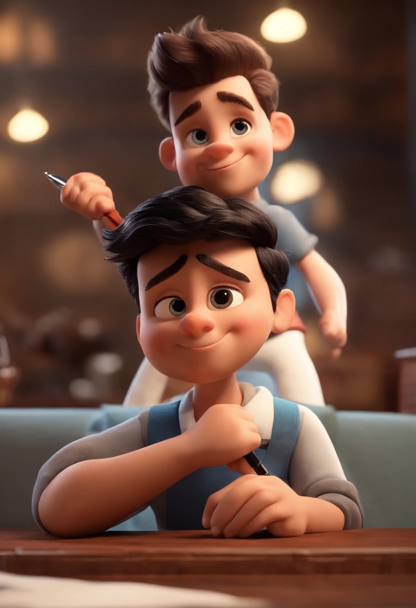 Cartoon character of a cool boy with black hair wear white shirt, he hold a pen, animation character, animation style rendering, 3D estilizado, Arnold Maya render, 3 d render stylized, toon render keyshot, Personagem 3D, Personagem 3D, 3d rendering stylized, 3 d character render, personagem de desenho animado, Personagem de close up, Pose de personagem, (Estilo Pixar) (master part:1.2) (Bokeh) (best quality) (pele detalhada) (textura detalhada) (8k) (argila) (Cinematic lighting) (foco nítido