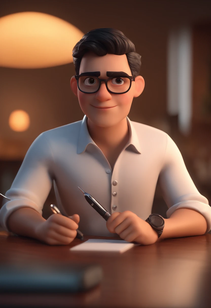 Cartoon character of a cool boy with black hair wear white shirt, he hold a pen, animation character, animation style rendering, 3D estilizado, Arnold Maya render, 3 d render stylized, toon render keyshot, Personagem 3D, Personagem 3D, 3d rendering stylized, 3 d character render, personagem de desenho animado, Personagem de close up, Pose de personagem,  (Estilo Pixar) (master part:1.2) (Bokeh) (best quality) (pele detalhada) (textura detalhada) (8k) (argila) (Cinematic lighting) (foco nítido