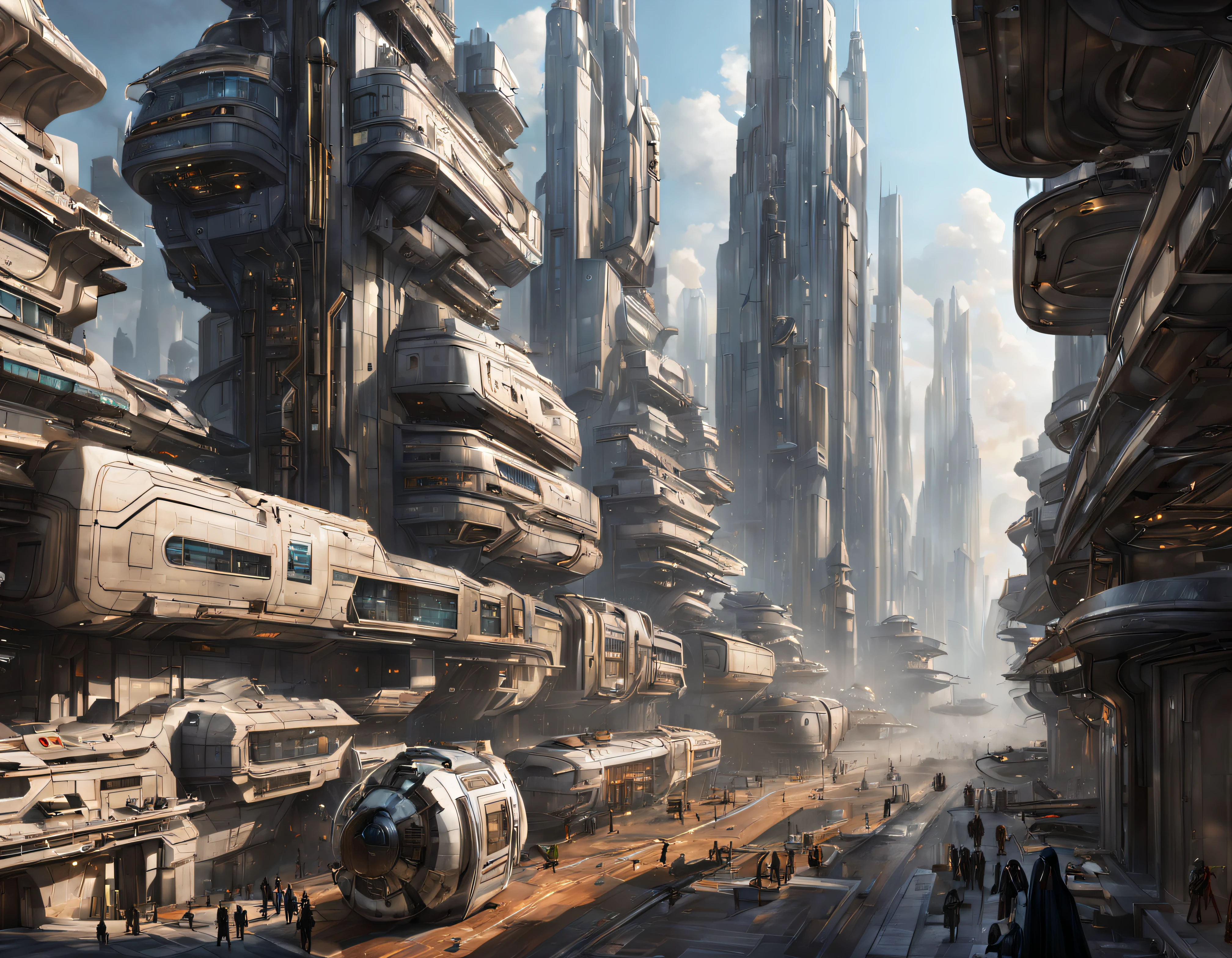 The city of Coruscant from Star Wars as designed by Doug Chiang, futuristic fantasy city with immense buildings of technological design (que forman una avenida infinita), edificios compactor no difuminados, con estructuras acristaladas en plata, oro y bronce espectaculares, (con colores vivos). pavimento ensolado (sin brillo). gente paseando. imagen bien definida con muchos edificios juntos. imagen nitida bien definida 8k. los edificios llegan alta el fondo.,8k. imagen cinematografica.