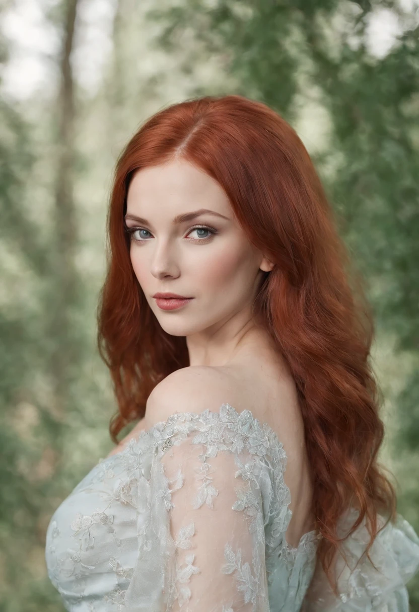 Generate an image of a Russian woman with distinctive features. She should have long, vibrant red hair that cascades down her back. Her skin should be pale, almost porcelain-like, contrasting beautifully with her fiery hair. Her eyes should be a striking shade of blue, clear and bright. She should have a voluptuous figure, with large breasts and big, round buttocks. This combination of features should create an image of a stunning, alluring Russian woman, naked, pink  with no hair