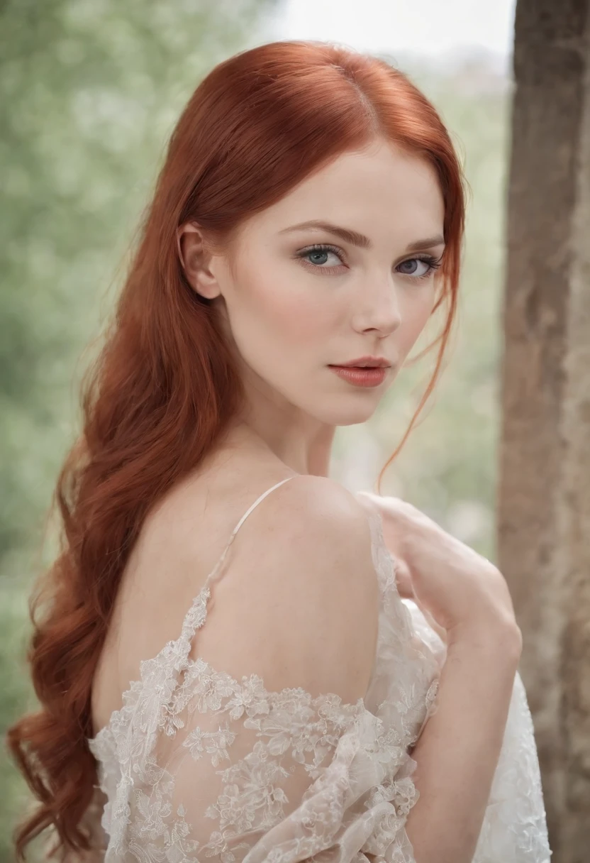 Generate an image of a Russian woman with distinctive features. She should have long, vibrant red hair that cascades down her back. Her skin should be pale, almost porcelain-like, contrasting beautifully with her fiery hair. Her eyes should be a striking shade of blue, clear and bright. She should have a voluptuous figure, with large breasts and big, round buttocks. This combination of features should create an image of a stunning, alluring Russian woman, naked, pink  with no hair