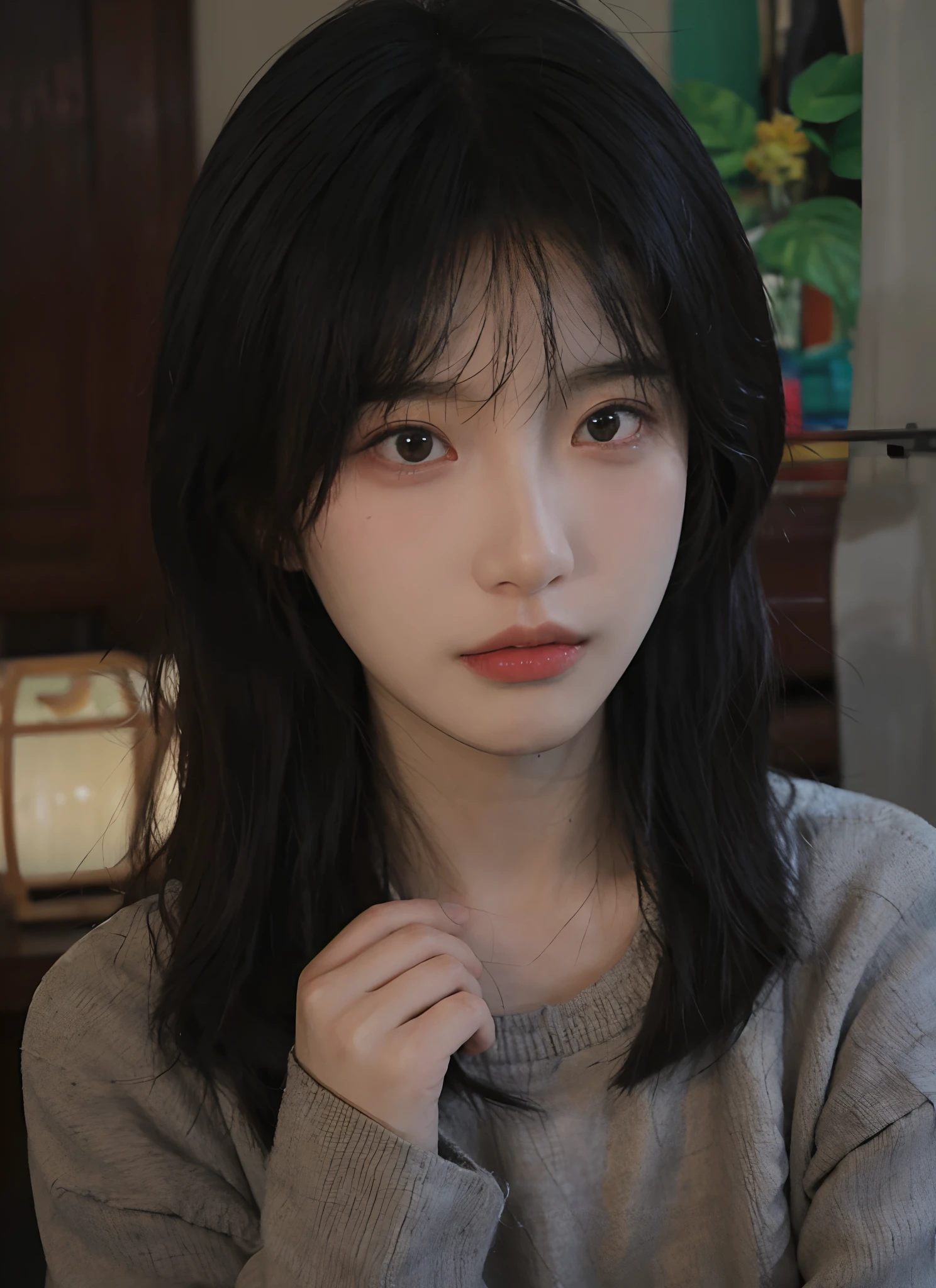best qualtiy, 超高分辨率, (realisticlying:1.4), A woman with long black hair and a gray sweater, 中景 the scene is, She has black hair,By bangs, young lovely Korean faces, wan adorable korean face, ulzzangs, Shin Jinying, beautiful aesthetic face, Korean face features, Played by Liu Lee Ji Eun ,Beautiful realistic face