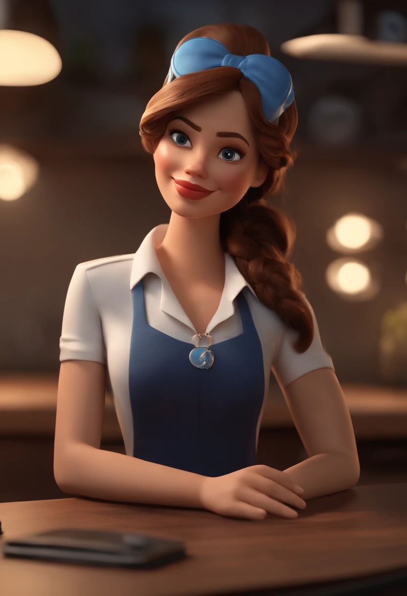 personagem dos desenhos animados de uma mulher jovem trabalhando sentada no seu computador, ela vira para tirar uma fotografia, animation character, Caractere estilizado, animation style rendering, 3D estilizado, Arnold Maya render, 3 d render stylized, toon render keyshot, Personagem 3D, Personagem 3D, 3d rendering stylized, 3 d character render, personagem de desenho animado, Personagem de close up, Pose de personagem, (Estilo Pixar) (master part:1.2) (Bokeh) (best quality) (pele detalhada) (textura detalhada) (8k) (argila) (Cinematic lighting) (foco nítido