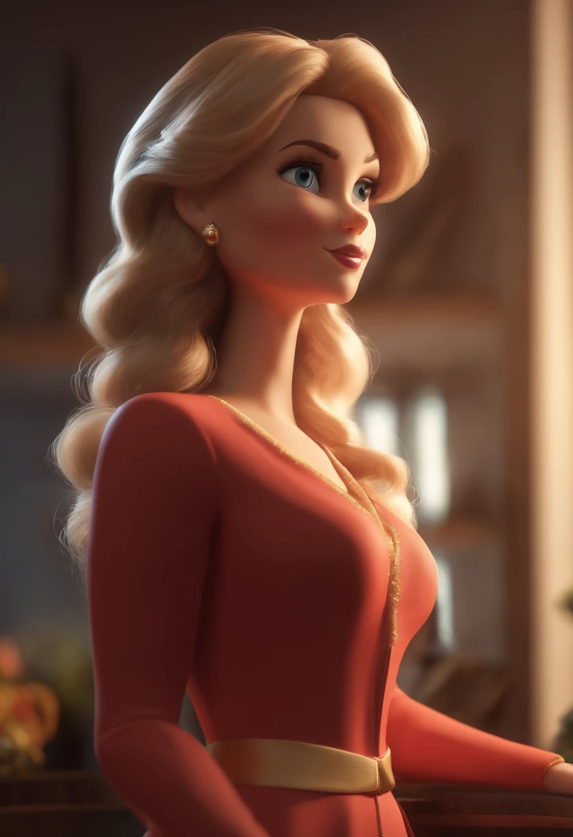 Pixar style image with 3D character golden glasses, mulher branca, de cabelos loiros, com rolinho de cabelos na cabeca, roupa verde, usando avental de cozinha, com uma sala atras, sofa, mesa com cadeiras e televisao