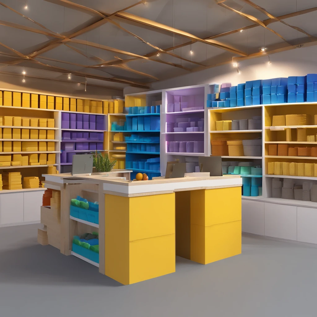Create a Building Materials Store Cartoon Scene , piece of master, HD, 8k, com o logo redondo amarelo, escrito "SJ" em azul, uma loja grande, na praia, faxada amarela, building blocks, cimento, ferro, pessoas felizes