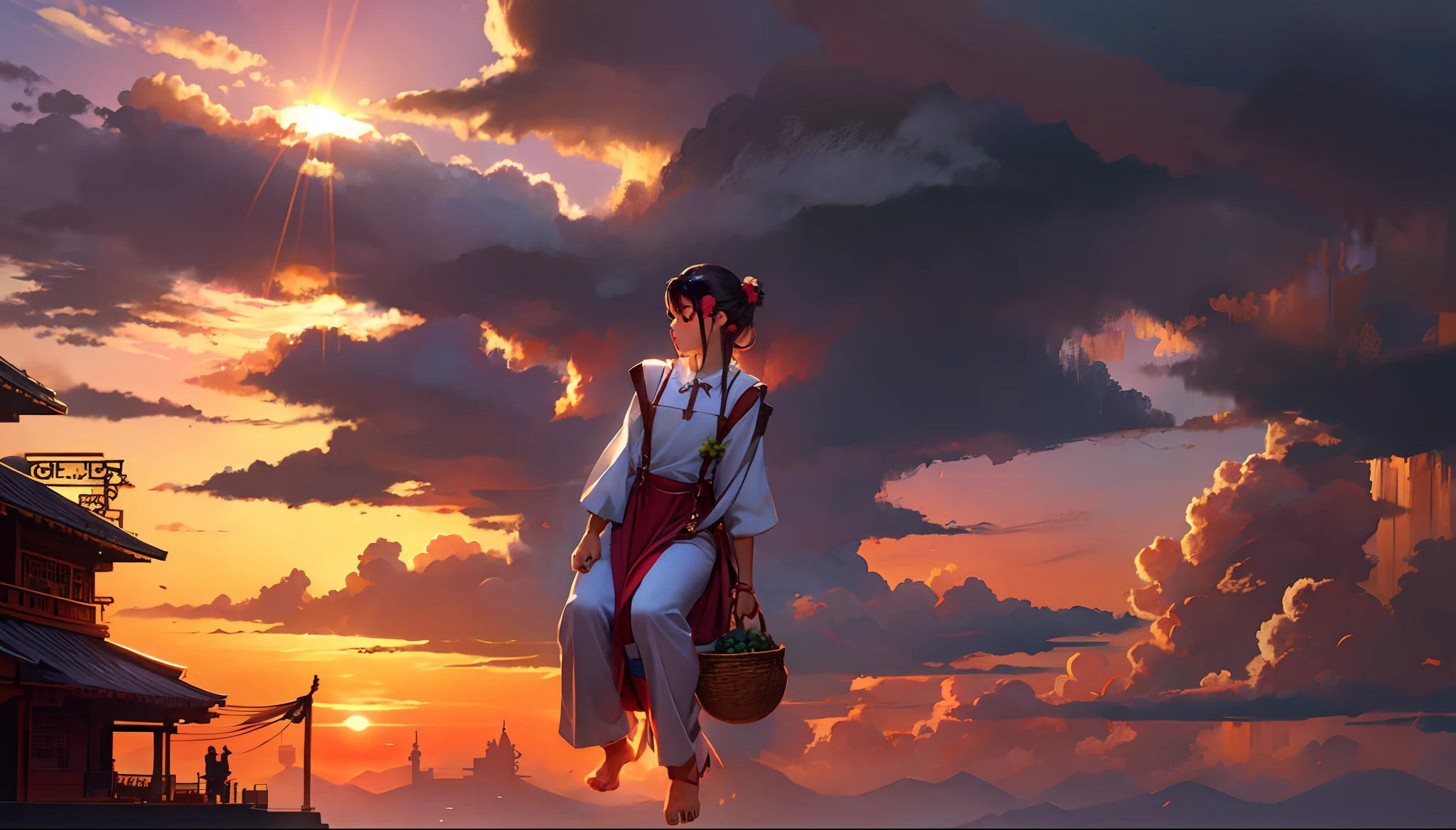 the sunset,eventide,middle parted hairstyle,Suspenders,Lychee fruit,Five fingers are normal and clear,Feet on the ground