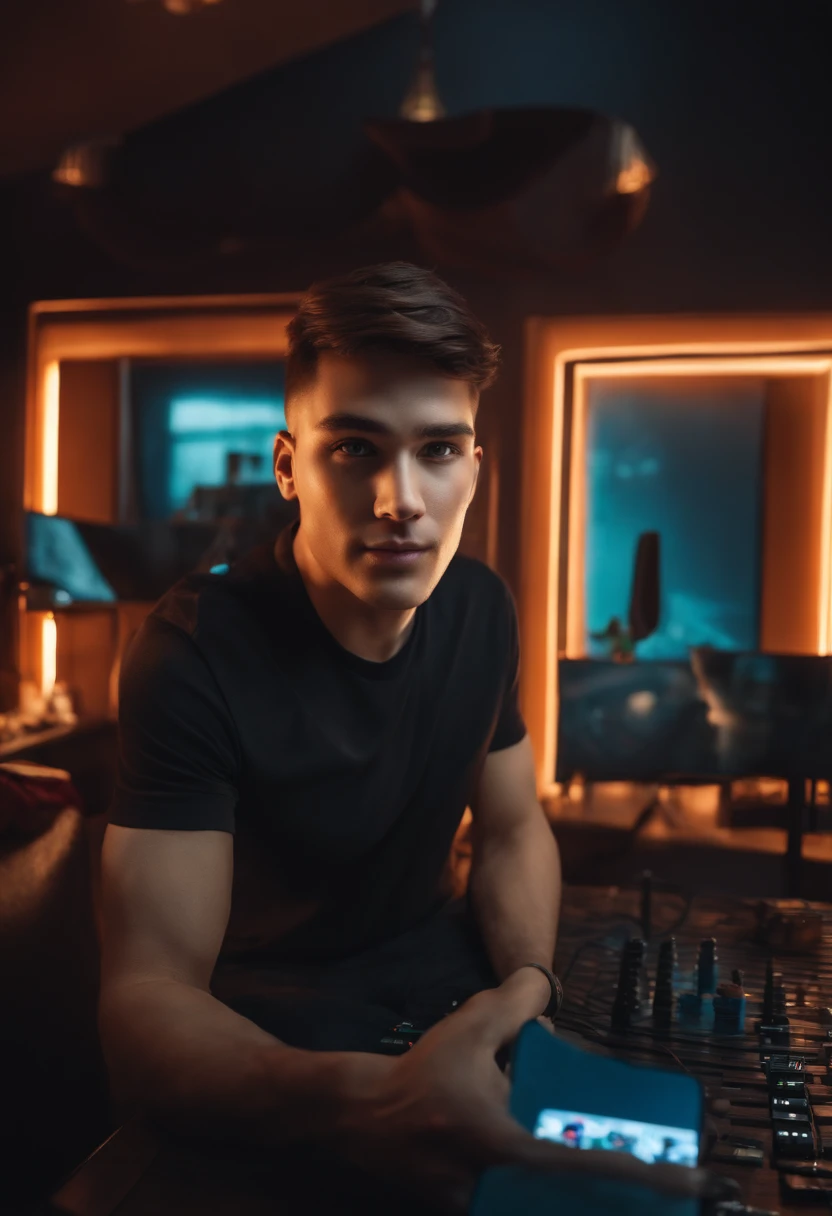 background change, natural man face, with very short hair, taking a selfie, gaming stream room.