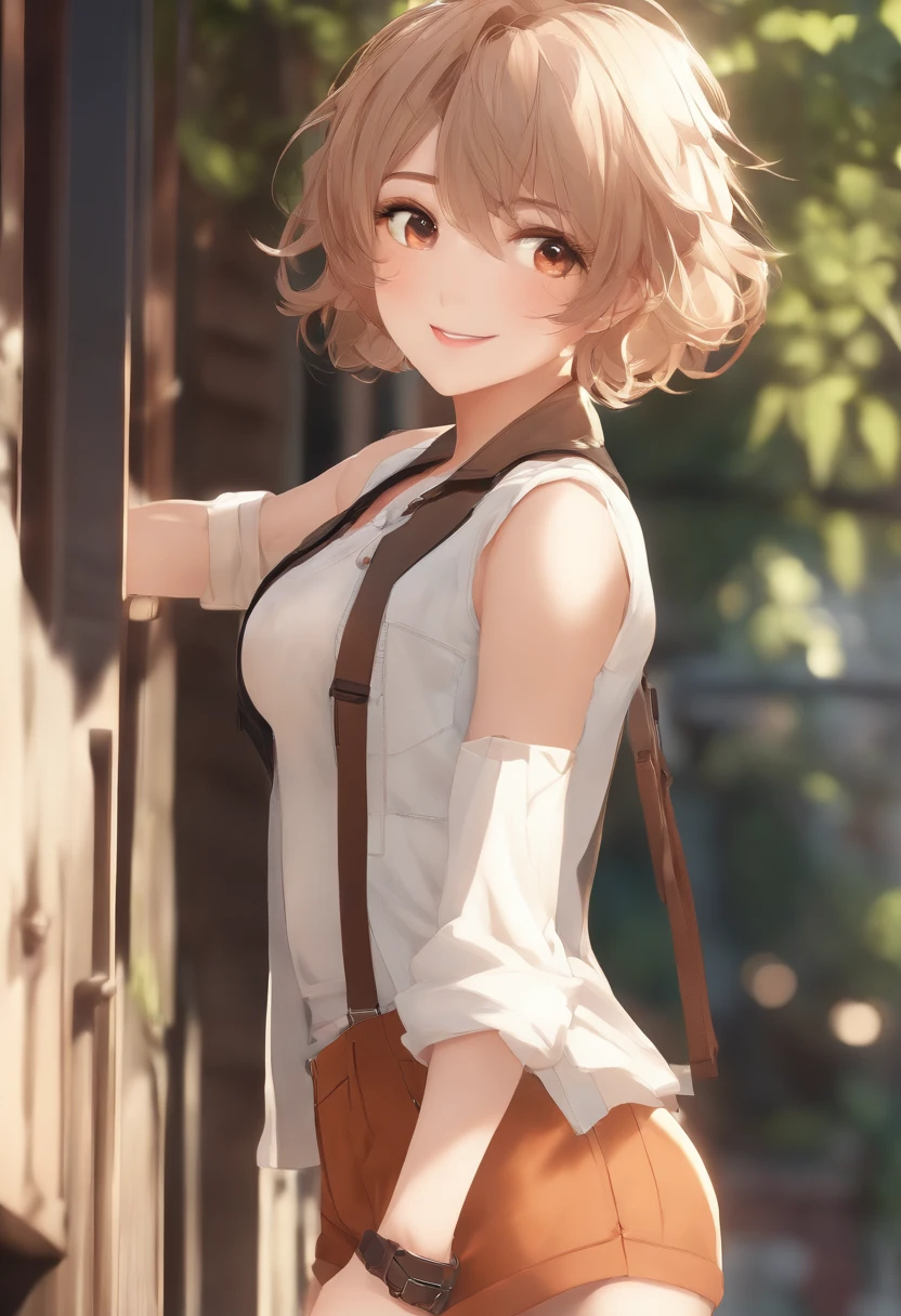 ((mid-chest, tomboy, small head)), daylight, sunlight, (well-defined abs: 1.1), (perfect body: 1.1), (short wavy hair: 1.2), russet hair, full-body photos, crowded streets, wearing white vests, ((shorts)), (extremely detailed CG 8k wallpaper), (extremely delicate and beautiful), (masterpiece), (best quality: 1.0), (ultra-high resolution: 1.0), beautiful lighting, perfect lightning, realistic shadows, [high resolution], Delicate skin, ultra-detailed, charming smile