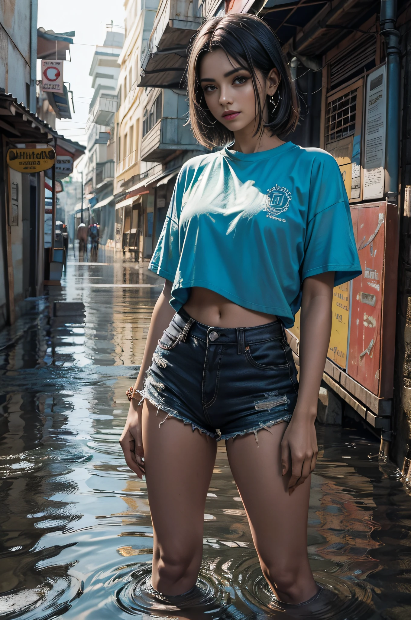Mulher bonita com cabelo ondulado, olhos delicados e encantadores, entalhe da coxa, pernas sexy e muito volumosas, pernas grossas , cintura muito fina e marcada , camiseta em shorts pequenos, cyberpunk futurista bonito + cidade, mistborn, humid, chuva, obra-prima de melhor qualidade, realista, muito detalhado, 8k, HDR, profundidade de campo rasa, luz ampla, alto contraste, luz de fundo, flooding, flash, chromatic aberration, foco nítido, foto de cor RAW