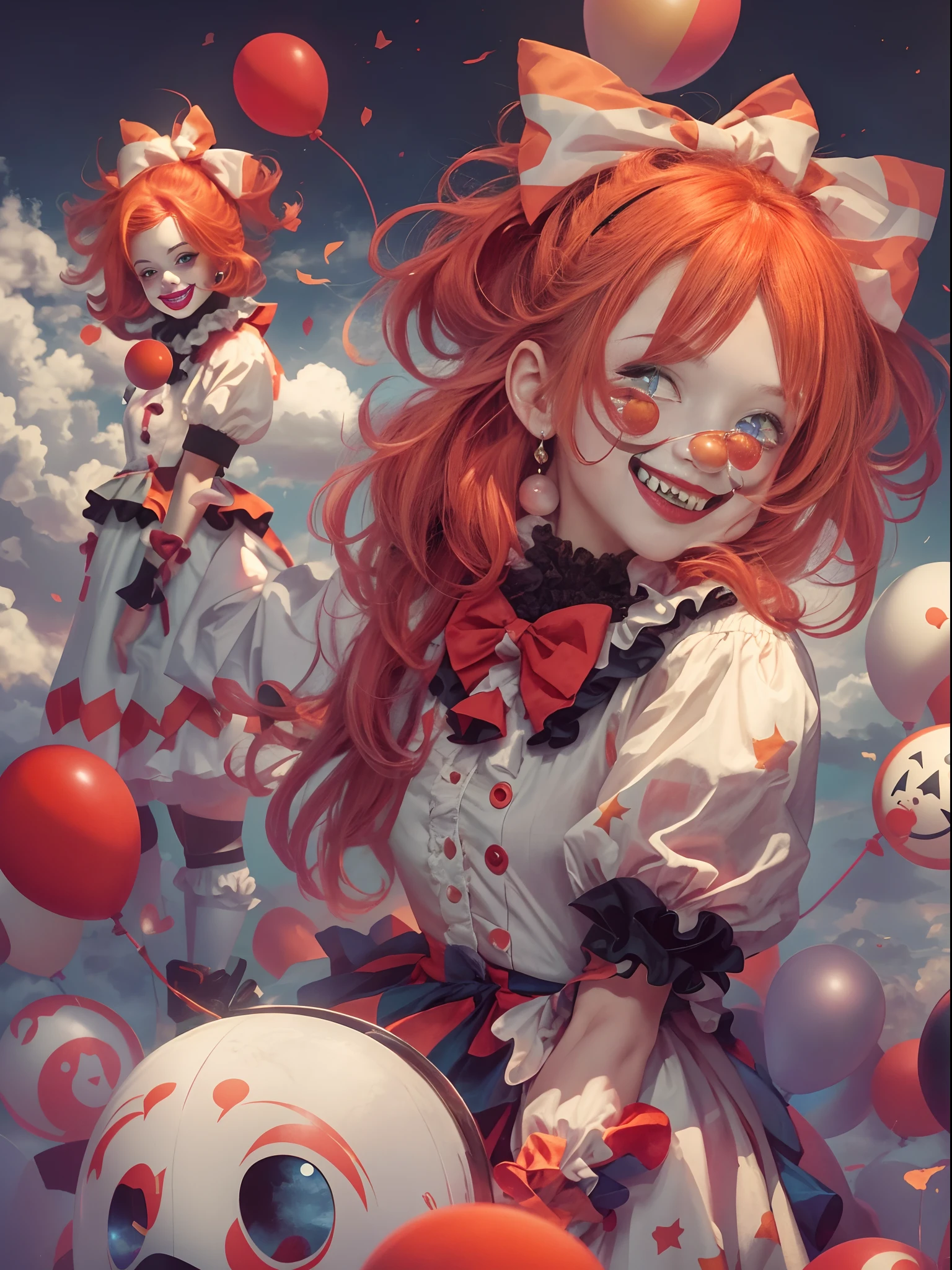tmasterpiece, best qualityer, cinematic Film still from, 1girll, Cloud Girl, floating into the sky, Close-up, brightly, cheerfulness, Soft lighting and warmth, Sun sunset, (spark of light: 0,7)Cartoon close-up of redhead woman, creepy clown girl, Clown Girl, goth clown girl, and 2K cute core clown core, Cute clown, full body concept, Full body portrait of the clip!, low res, Necromancer girl cyborg saint, Chuck style, Pennywise style, Color screen tones