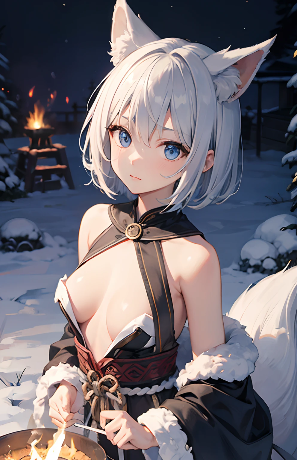 ​masterpiece,Top image quality,hight resolution,imagem 4k,Raw photo,Photorealsitic,{Solo},teens girl,silber hair,Bery short hair,stare at each other,Blue eyes,小柄,Silver fox ears,Fox tail,snowscape,,,boyish,Ainu pattern,,bonfire,tits out,small tits,