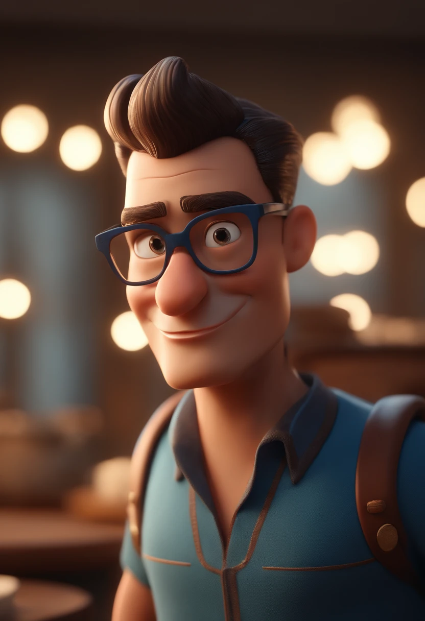 Cartoon character of a man with black glasses and a blue shirt, animation character, Caractere estilizado, animation style rendering, 3D estilizado, Arnold Maya render, 3 d render stylized, toon render keyshot, Personagem 3D, Personagem 3D, 3d rendering stylized, 3 d character render, personagem de desenho animado, Personagem de close up, Pose de personagem,  (Estilo Pixar) (master part:1.2) (Bokeh) (best quality) (pele detalhada) (textura detalhada) (8k) (argila) (Cinematic lighting) (foco nítido