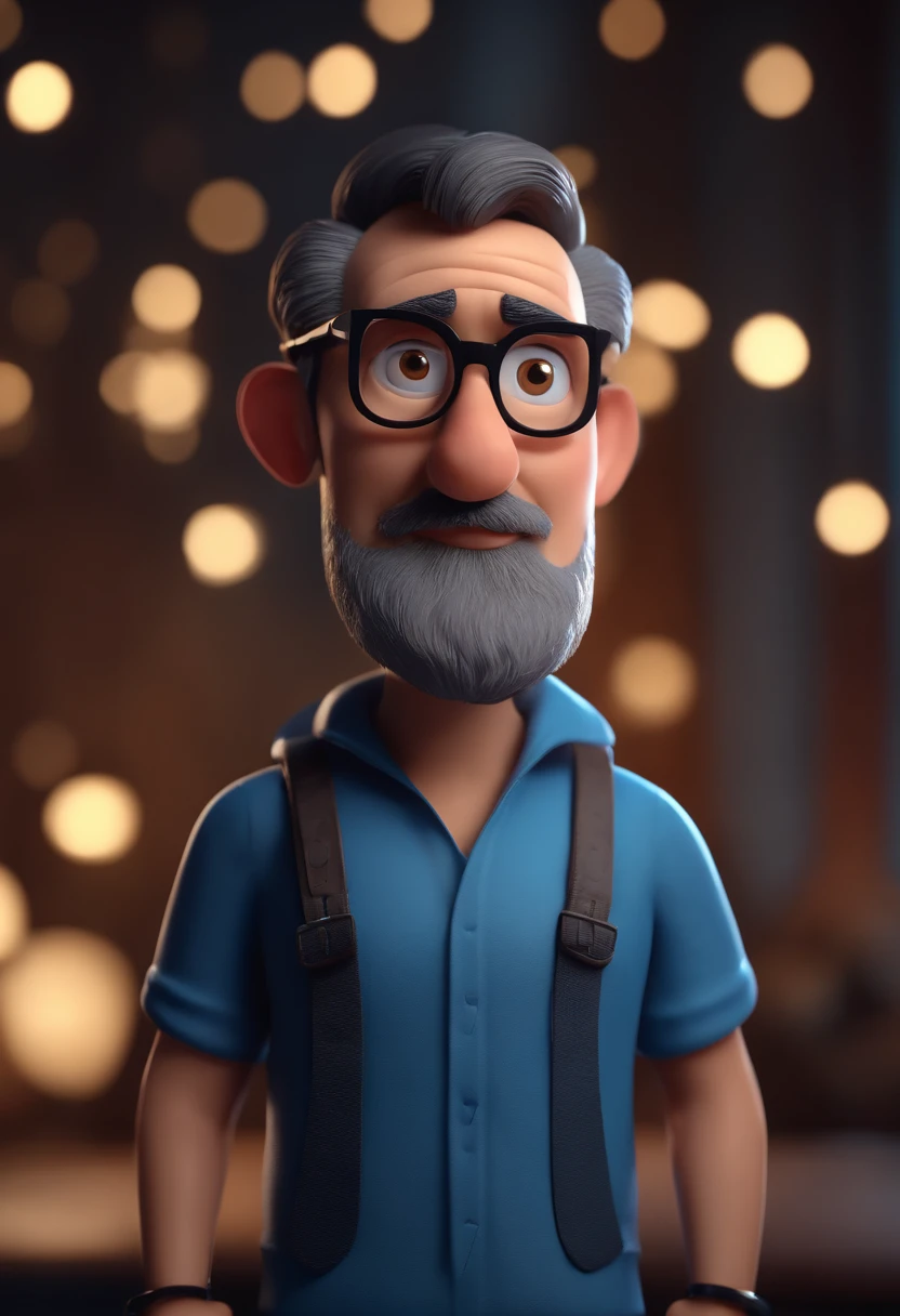 Cartoon character of a man with black glasses and a blue shirt, animation character, Caractere estilizado, animation style rendering, 3D estilizado, Arnold Maya render, 3 d render stylized, toon render keyshot, Personagem 3D, Personagem 3D, 3d rendering stylized, 3 d character render, personagem de desenho animado, Personagem de close up, Pose de personagem, (Estilo Pixar) (master part:1.2) (Bokeh) (best quality) (pele detalhada) (textura detalhada) (8k) (argila) (Cinematic lighting) (foco nítido
