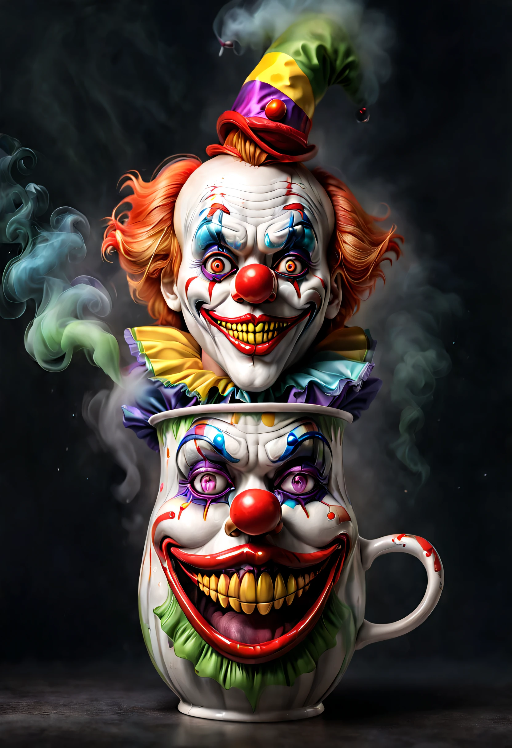 Mug design with clown costume, Magic smoke around,Ultra-stable, Front view,Real cup, Realistic,Full view, gloomy
yinan