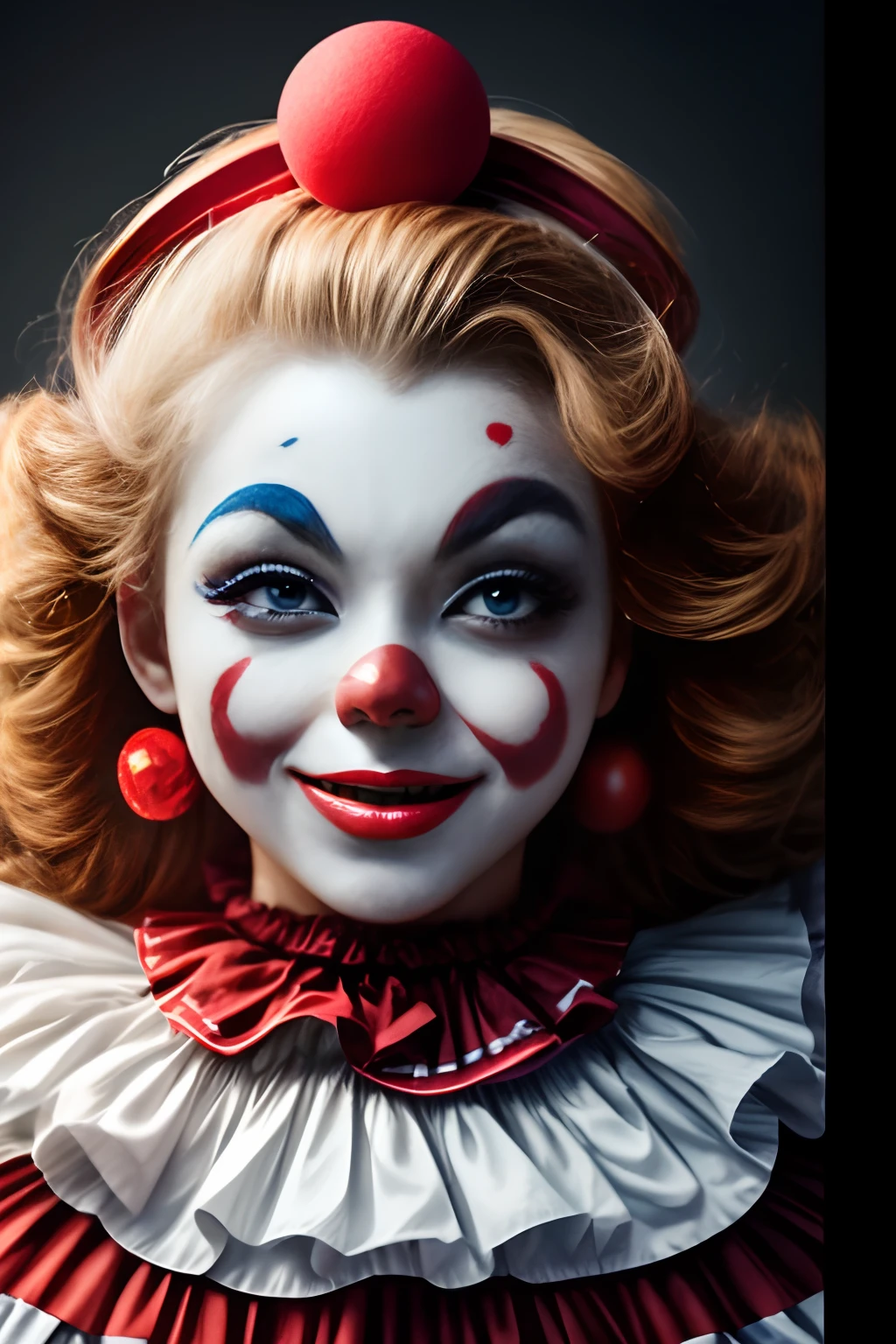 there's a girl with red paint on her face, clown girl, painting digital adorable, Retrato bonito, Retrato de uma jovem bruxa, Retrato colorido, retrato de alta qualidade, goth clown girl, Foto retrato, cara bonita. fantasia sombria, portrait of magical young girl, Em um estilo de Halloween, , creepy clown girl, color photograph portrait 4k, bochechas vermelhas
