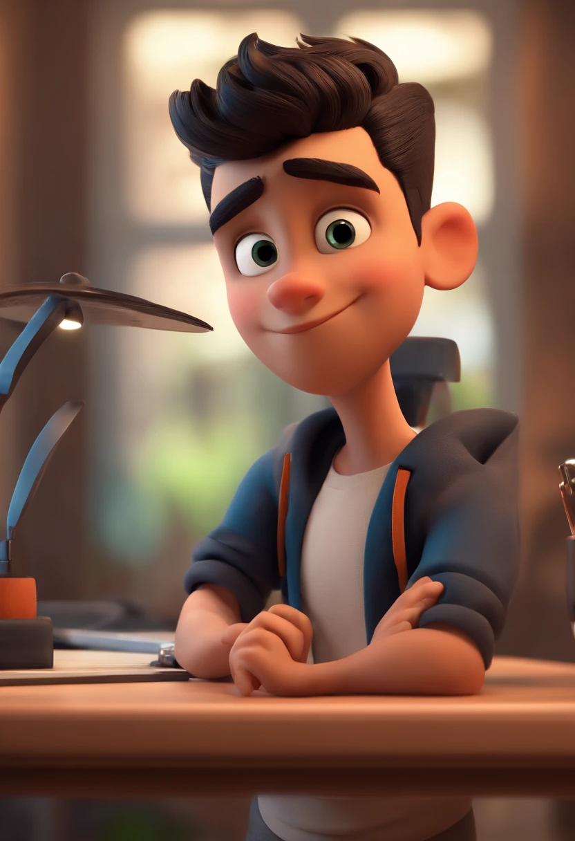 Cartoon character of a cool boy with black stylish hair wear white shirt, he hold a pen, animation character, animation style rendering, 3D estilizado,  render, 3d render stylized, toon render keyshot, Personagem 3D, Personagem 3D, 3d rendering stylized, 3 d character render, personagem de desenho animado, Personagem de close up, Pose de personagem,  (Estilo Pixar) (master part:1.2) (Bokeh) (best quality) (pele detalhada) (textura detalhada) (8k) (argila) (Cinematic lighting) (foco nítido