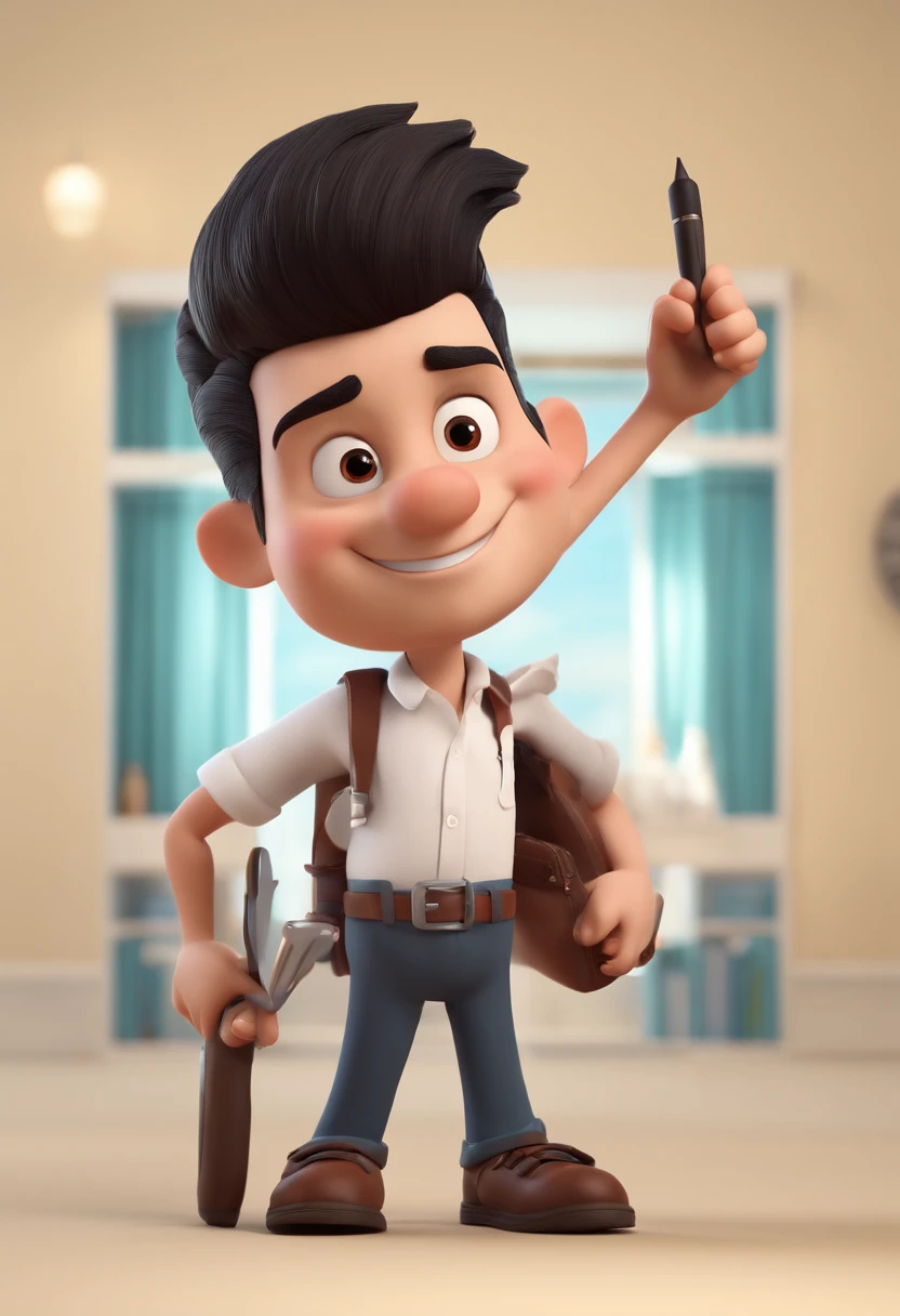 Cartoon character of a cool boy with black stylish hair wear white shirt, he hold a pen, animation character, animation style rendering, 3D estilizado, render, 3d render stylized, toon render keyshot, Personagem 3D, Personagem 3D, 3d rendering stylized, 3 d character render, personagem de desenho animado, Personagem de close up, Pose de personagem, (Estilo Pixar) (master part:1.2) (Bokeh) (best quality) (pele detalhada) (textura detalhada) (8k) (argila) (Cinematic lighting) (foco nítido