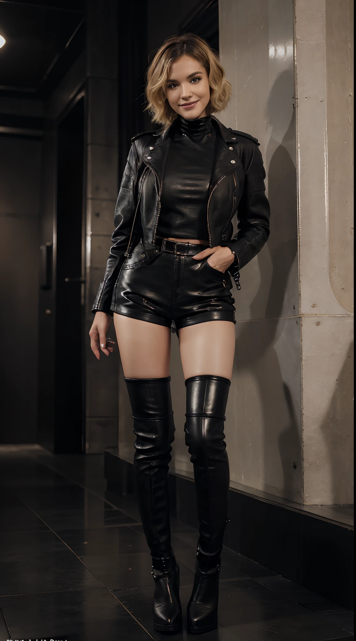 Best Quality, 8K, 32K, master piece ,ultra detailed,full body,short bob Hair , hair color is blonde,Wave hair , 27 years old ,full body(full body:1.2),leaning forward (leaning forward :1.2),leather jacket(leather jacket:1.2),tube top ,black miniskirt (black miniskirt:1.2),black leather boots (black leather boots:1.2),smiling,indoor,