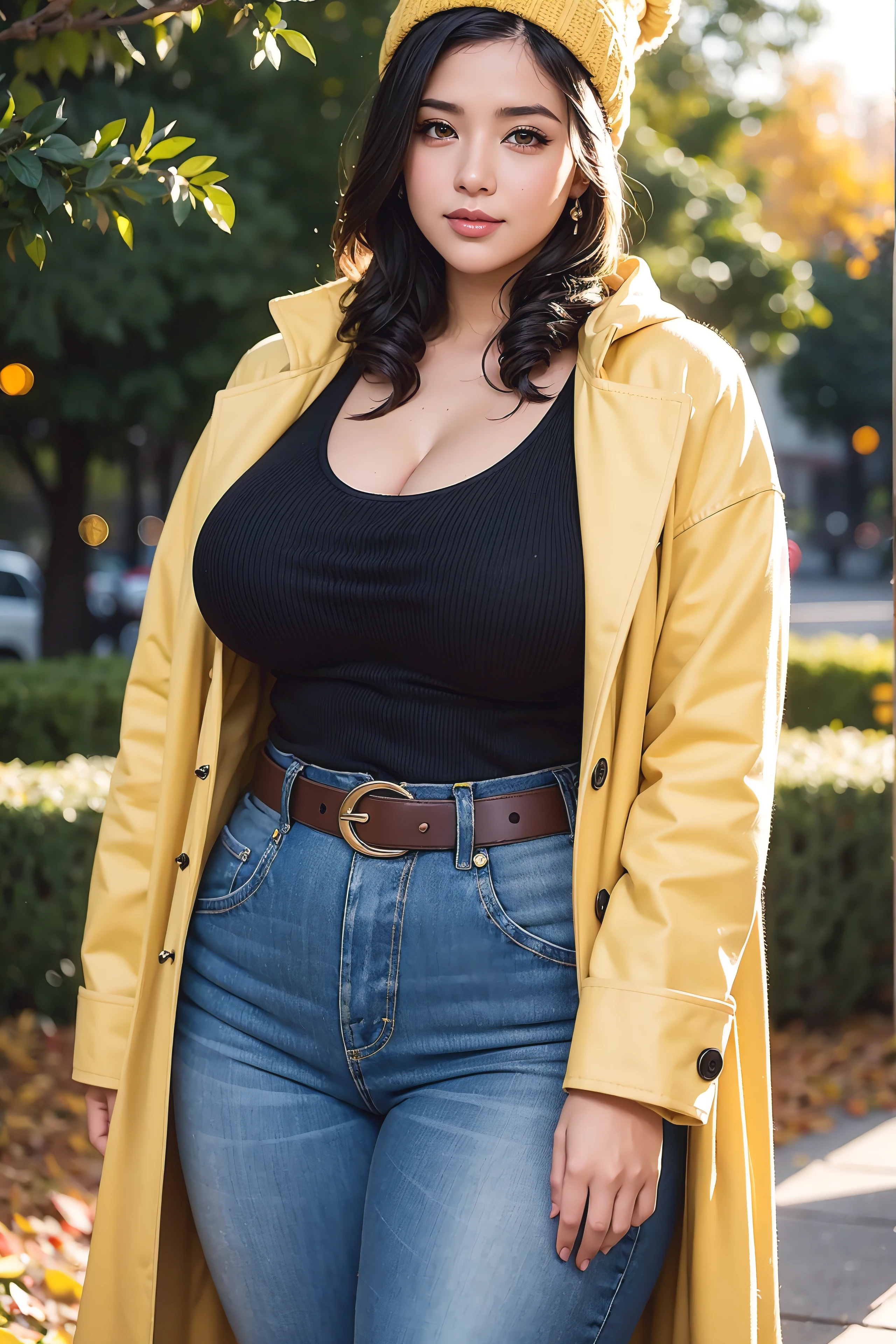 Beautiful sensual woman with a curvy body, black hair, bangs, french braid, widest waist, thicc, beautiful fitting breasts, curvy accentuated booty, olive-green eyes, long eyelashes, light smile, thick thighs, Strong calves, taniaayusiregar, She wears a yellow Coat, jeans, belt, black beanie, she waits in a park, photorealistic, Masterpiece, bokeh, Volumetric lighting, Fall season atmosphere, close up shot