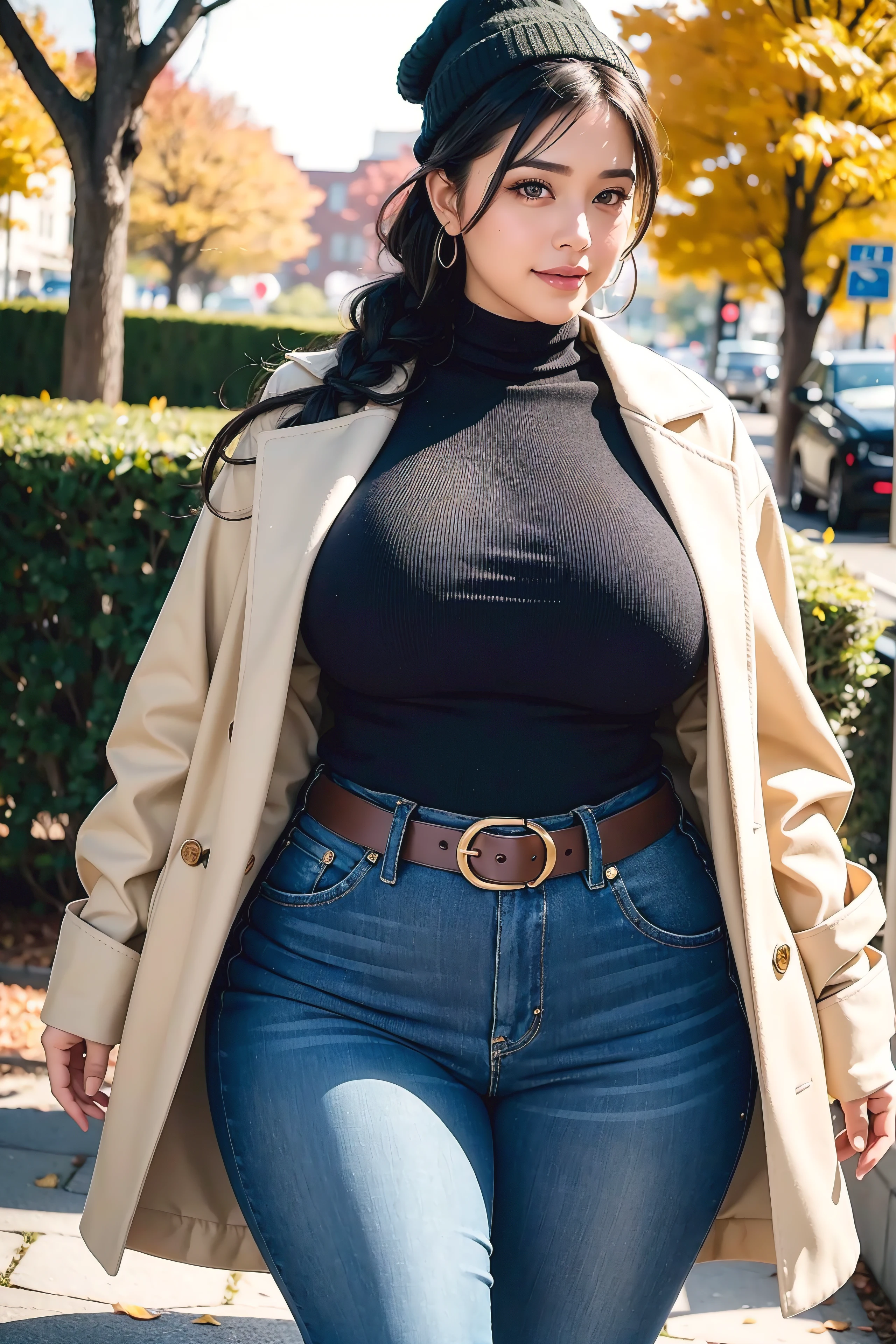 Beautiful sensual woman with a curvy body, black hair, bangs, twintail, widest waist, fitting breasts, curvy accentuated booty, olive-green eyes, long eyelashes, thick thighs, Strong calves, smirk, taniaayusiregar, She wears a Coat, jeans, belt, beanie, colors are yellow, white, black, she waits in a park, photorealistic, Masterpiece, bokeh, Volumetric lighting, Fall season atmosphere, close up shot, wide hips, thick thighs, huge ass, enormous huge natural breasts, cleavage, mature mom,detailed fingers, accurate fingers, back view
