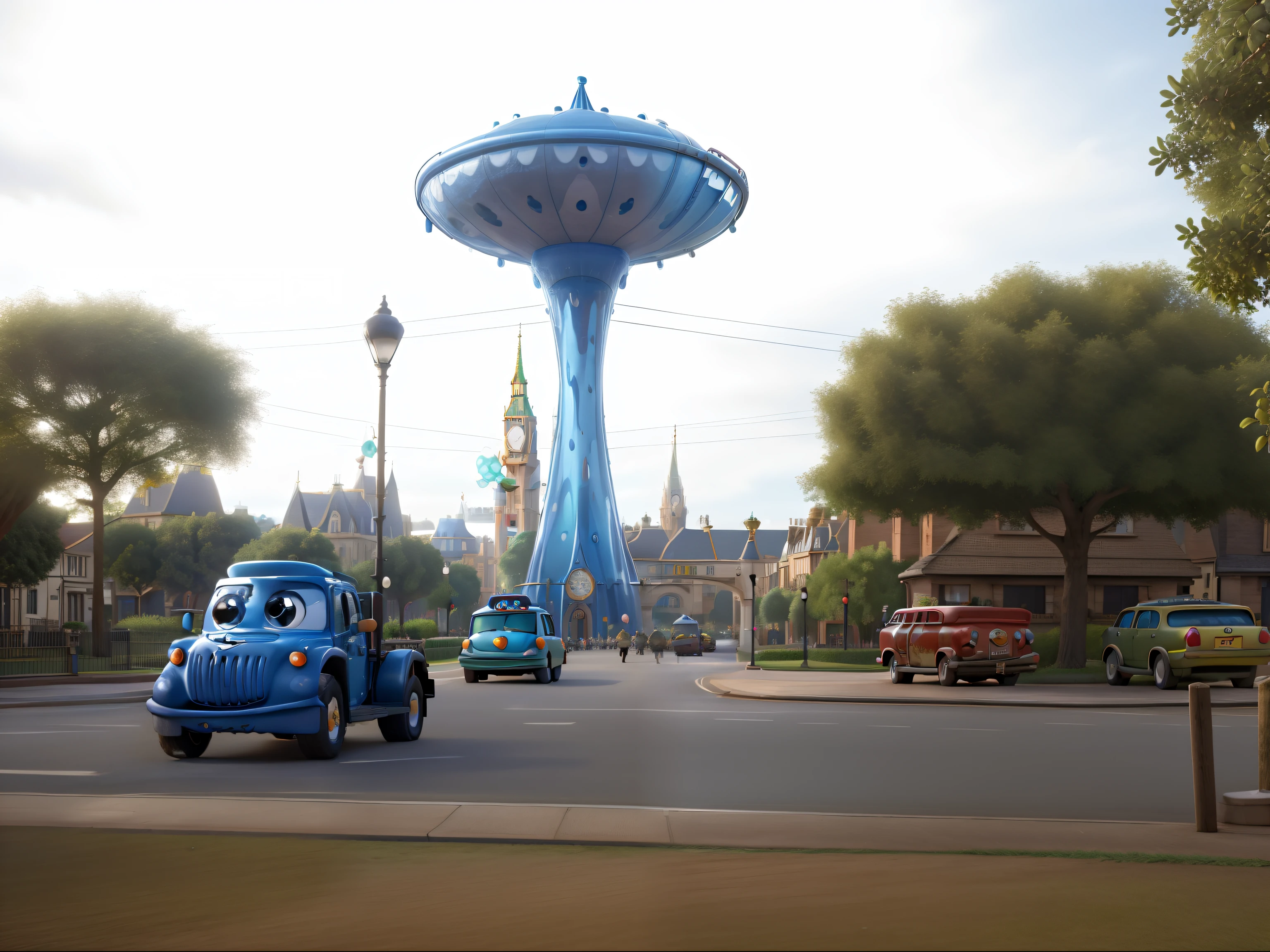 Disney Pixar style water tank, in high quality, suspended with carachters of Disney Pixar movies and looking like London city with big ben and a queen soldier