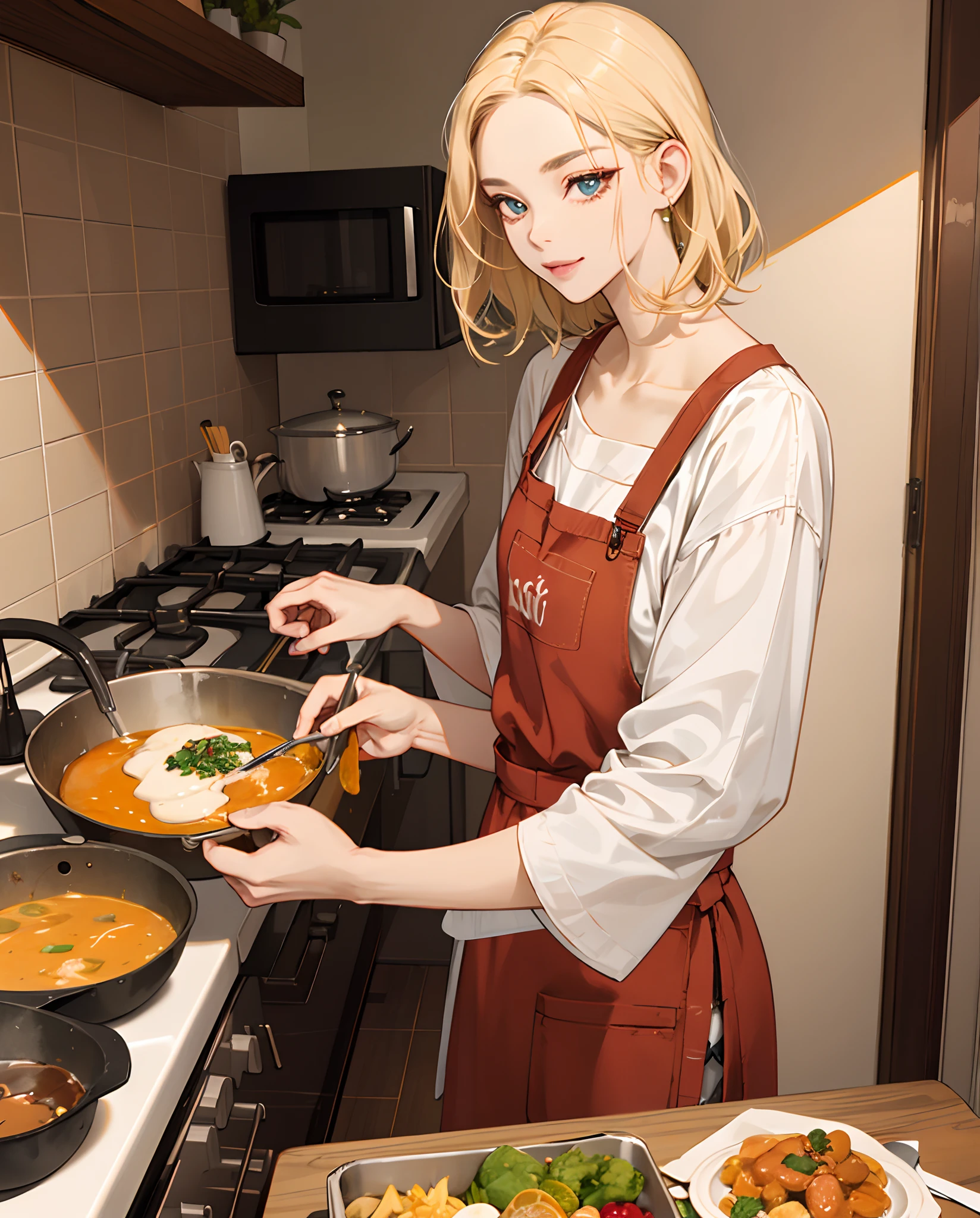 Blonde Woman Dark Honey Blonde Hair Straight Medium Cut. Tatuada. Olhos castanhos. Cozinhando comida vegana