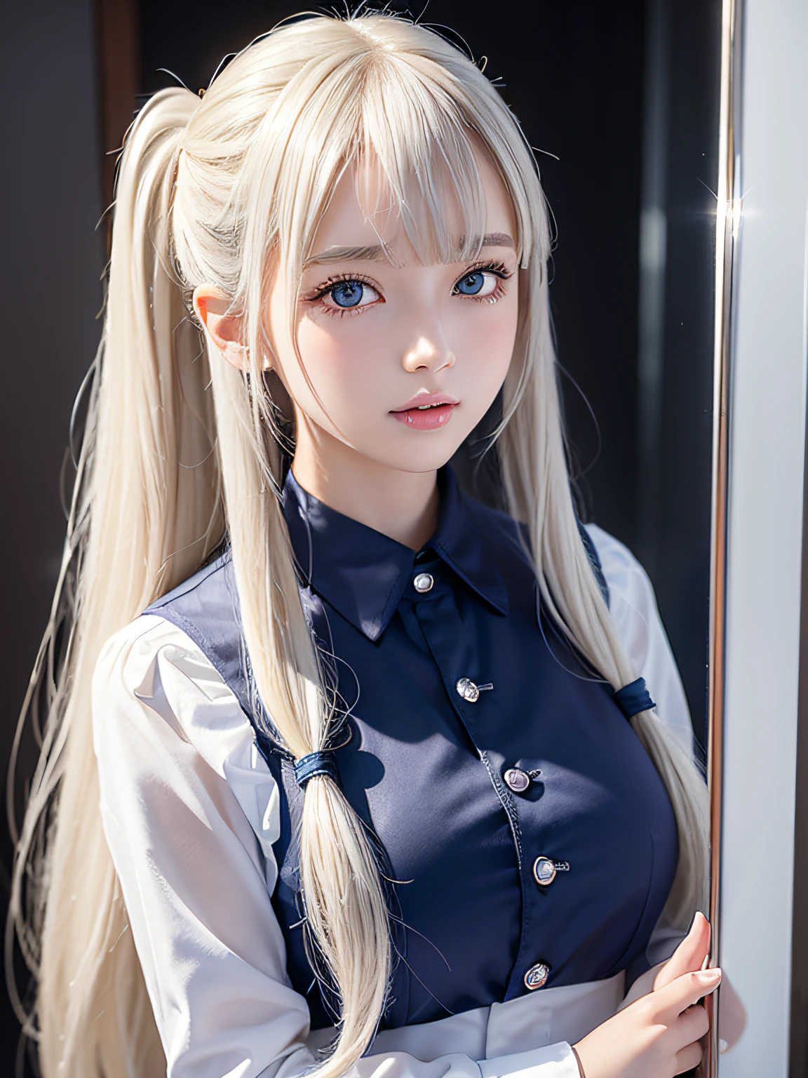 portlate、School Uniforms、bright expression、poneyTail、Young shiny shiny white shiny skin、Best Looks、Reflected light of silver hair、Blonde hair with dazzling highlights、shiny light hair,、Super long silky straight hair、Beautiful bangs that shine、Glowing crystal clear attractive big blue eyes、Very beautiful nice cute 16 year old girl、Lush bust