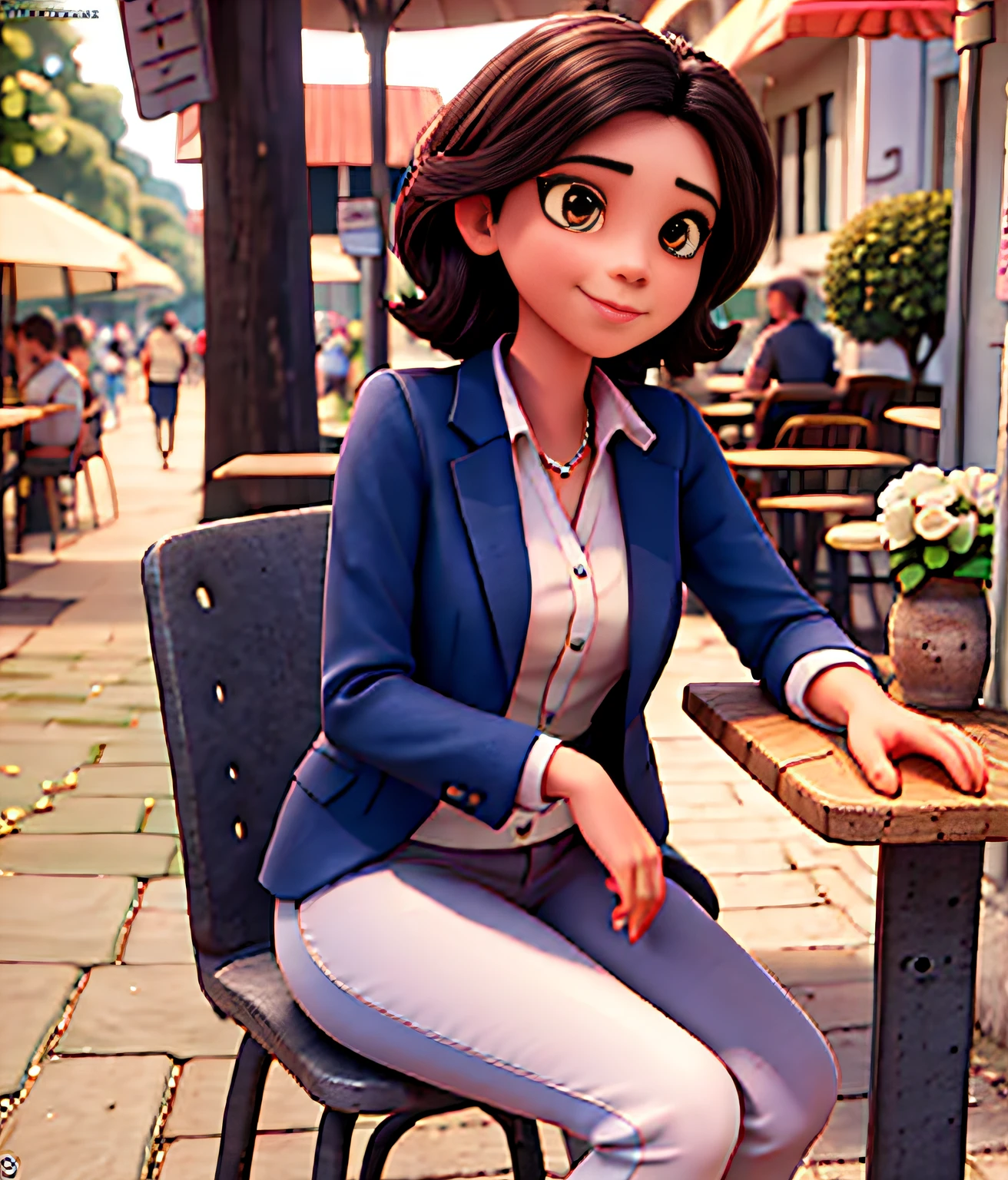 Beautiful Brazilian woman sitting and drinking coffee outside on the side of the street in a small café, beautiful face, Short straight black hair down to the chin with black eyes and light eyeshadow, Vestindo um blazer rosa, White shirt and pink dress pants, grande estilo de moda, looking at you with loving eyes and a soft smile, Background is a European city of the city center, fundo desfocado, profundidade de campo rasa, Cinematic light, luz suave, retroiluminado, micro-detalhes, renderizado, fotorrealista, cinemactic, 85mm 1.4