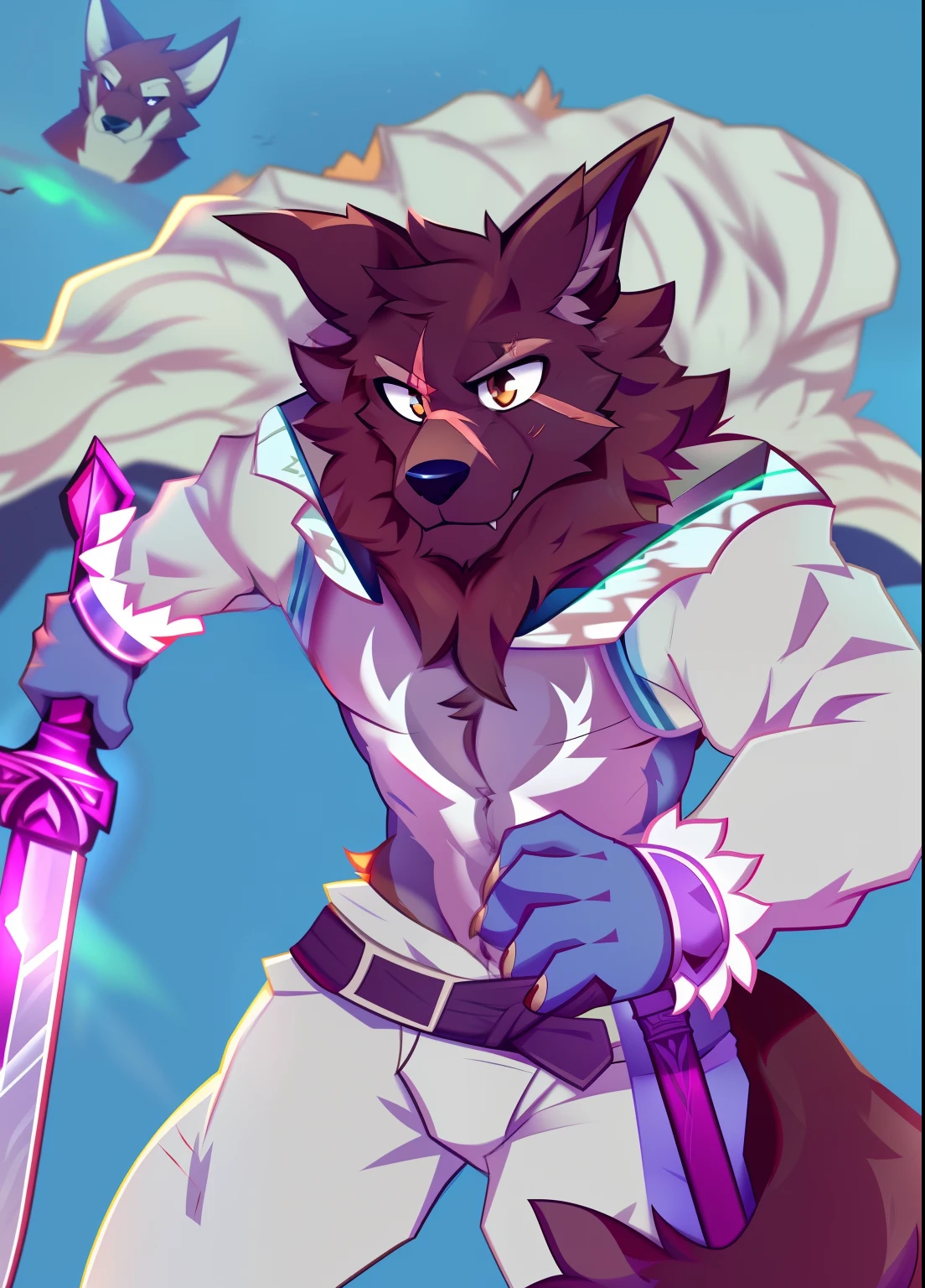 A cartoon picture of a wolf with a sword and a sword - SeaArt AI