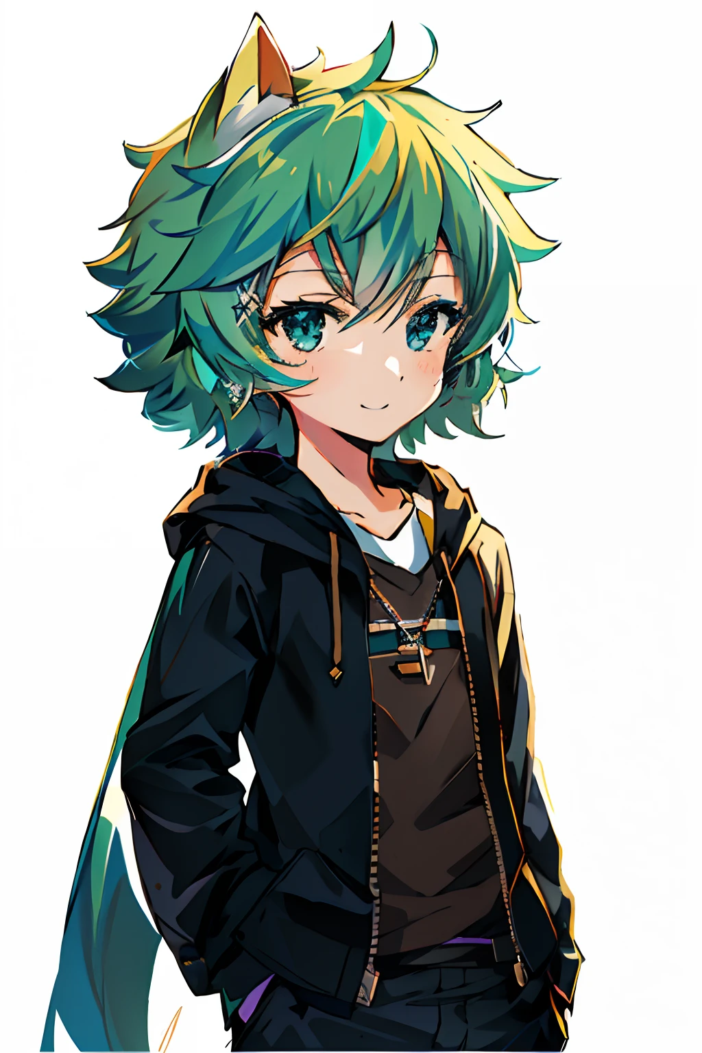 Close-up portrait of a person wearing cat ears and hoodie, nagito komaeda, anime moe art style, 2 d anime style, Anime girl with teal hair, Stylized anime, anime stylized, by Puru, High quality anime art style, Anime Boy, hatsune miku short hair, anime style character, anime style 4 k,With a smile on your face