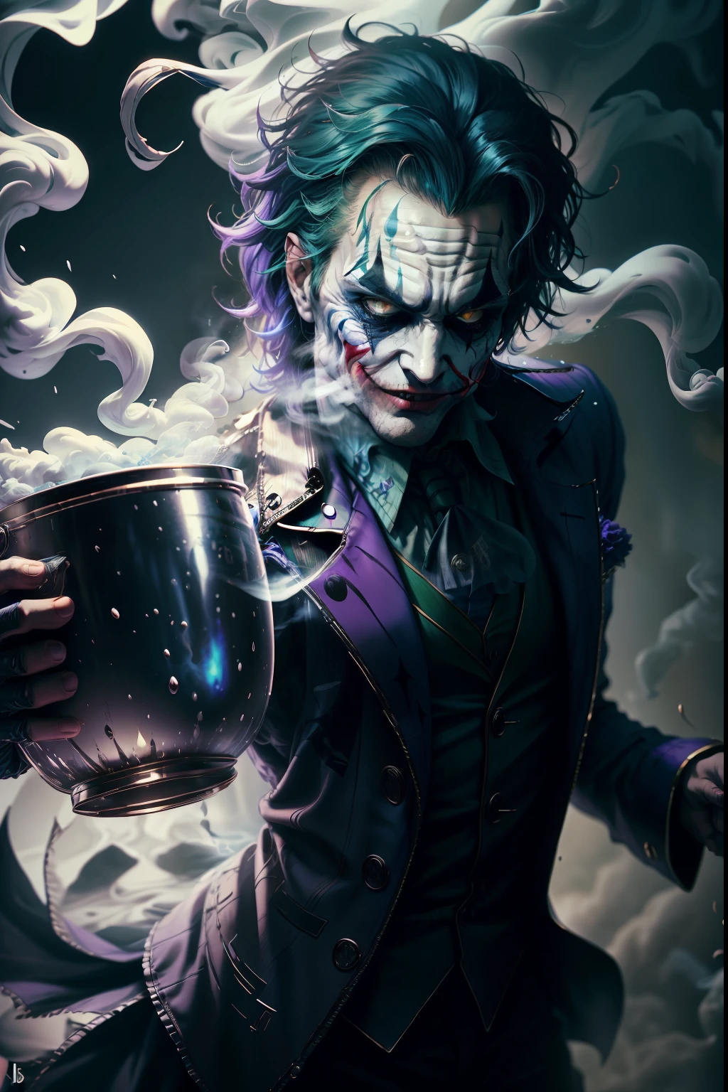 A Mug design with joker costume, surrounding magic smoke,ultra stable, front view,real mug, realistic,full view