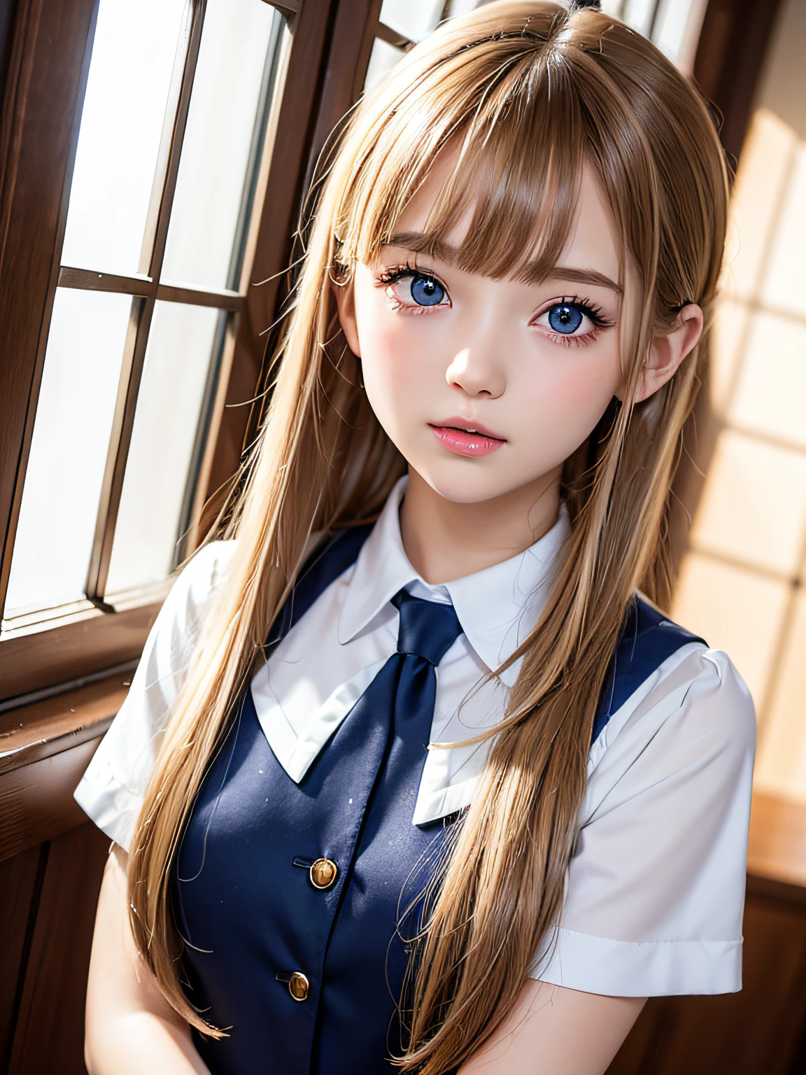 portlate、School Uniforms、bright expression、poneyTail、Young shiny shiny white shiny skin、Best Looks、Reflected light of brown hair、Blonde hair with dazzling highlights、shiny light hair,、Super long silky straight hair、Beautiful bangs that shine、Glowing crystal clear attractive big blue eyes、Very beautiful nice cute 16 year old girl、Lush bust